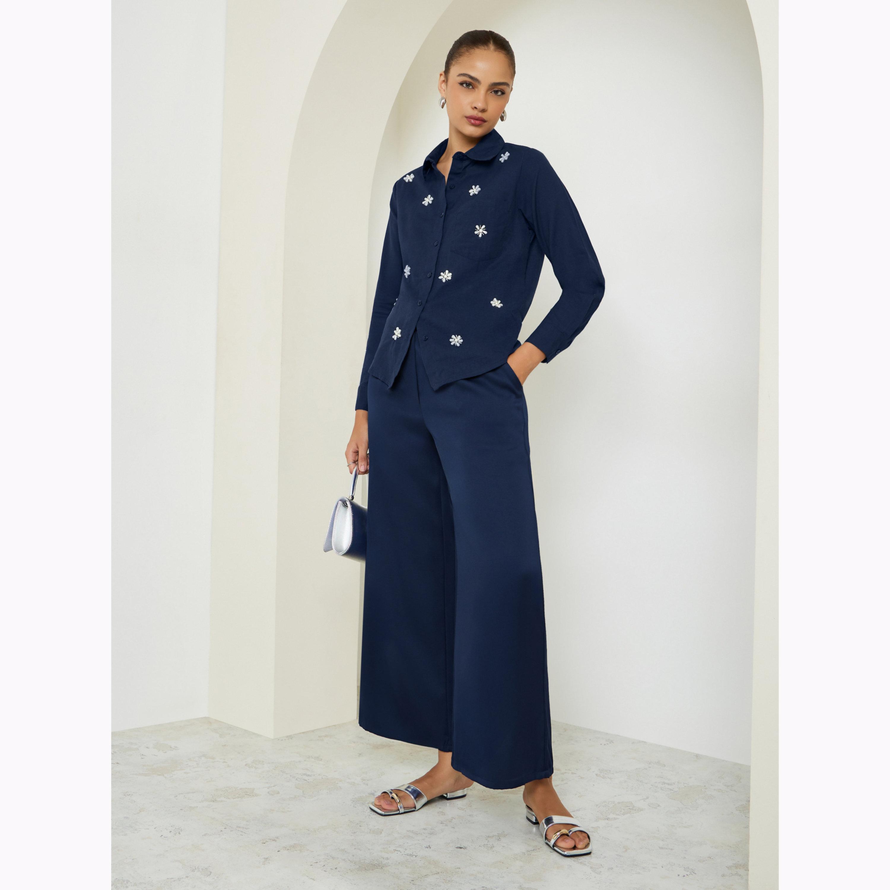 Styli Navy Blue Embellished Cotton Shirt-women-clothing-shirtsandblouses-shirts-image-2