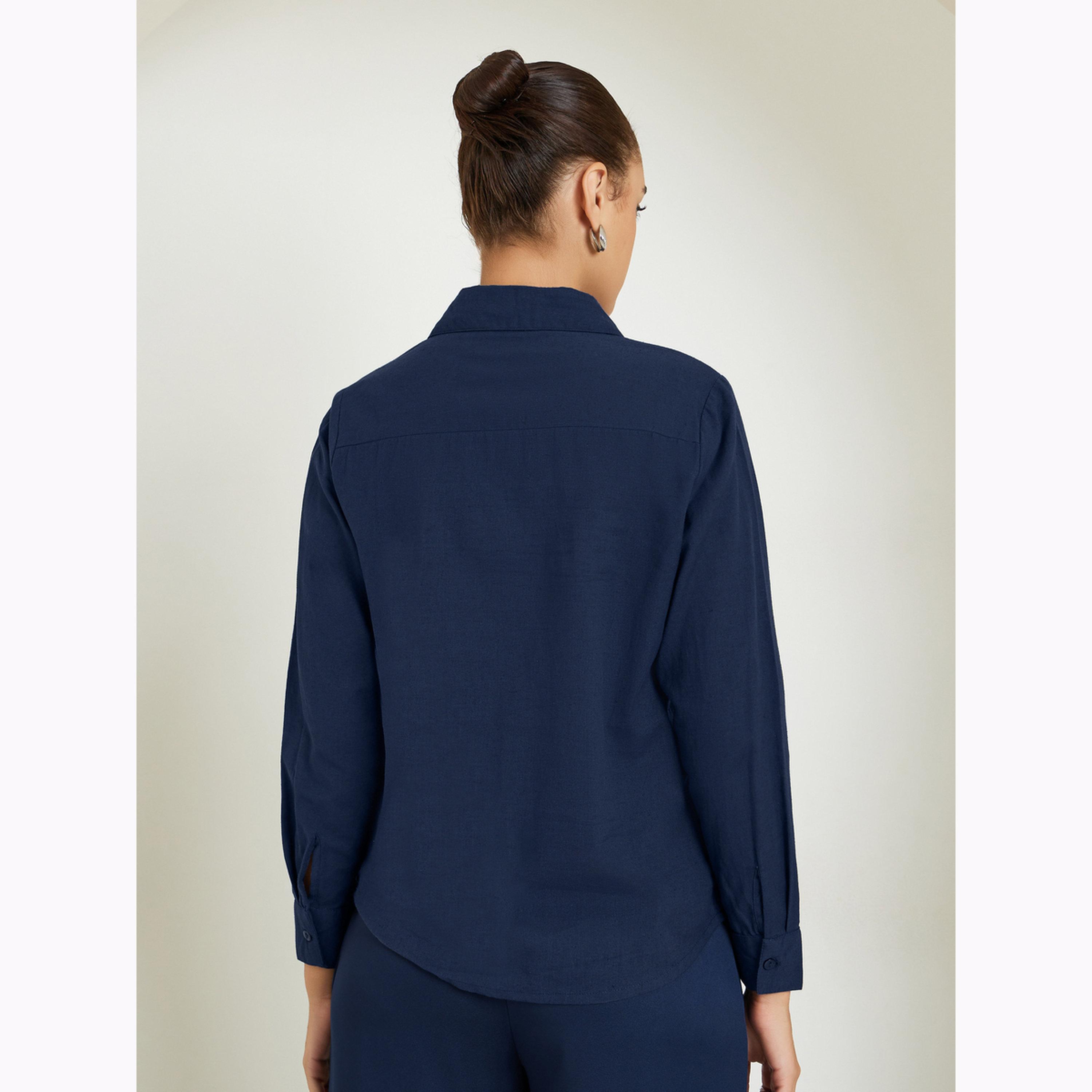 Styli Navy Blue Embellished Cotton Shirt-women-clothing-shirtsandblouses-shirts-image-3