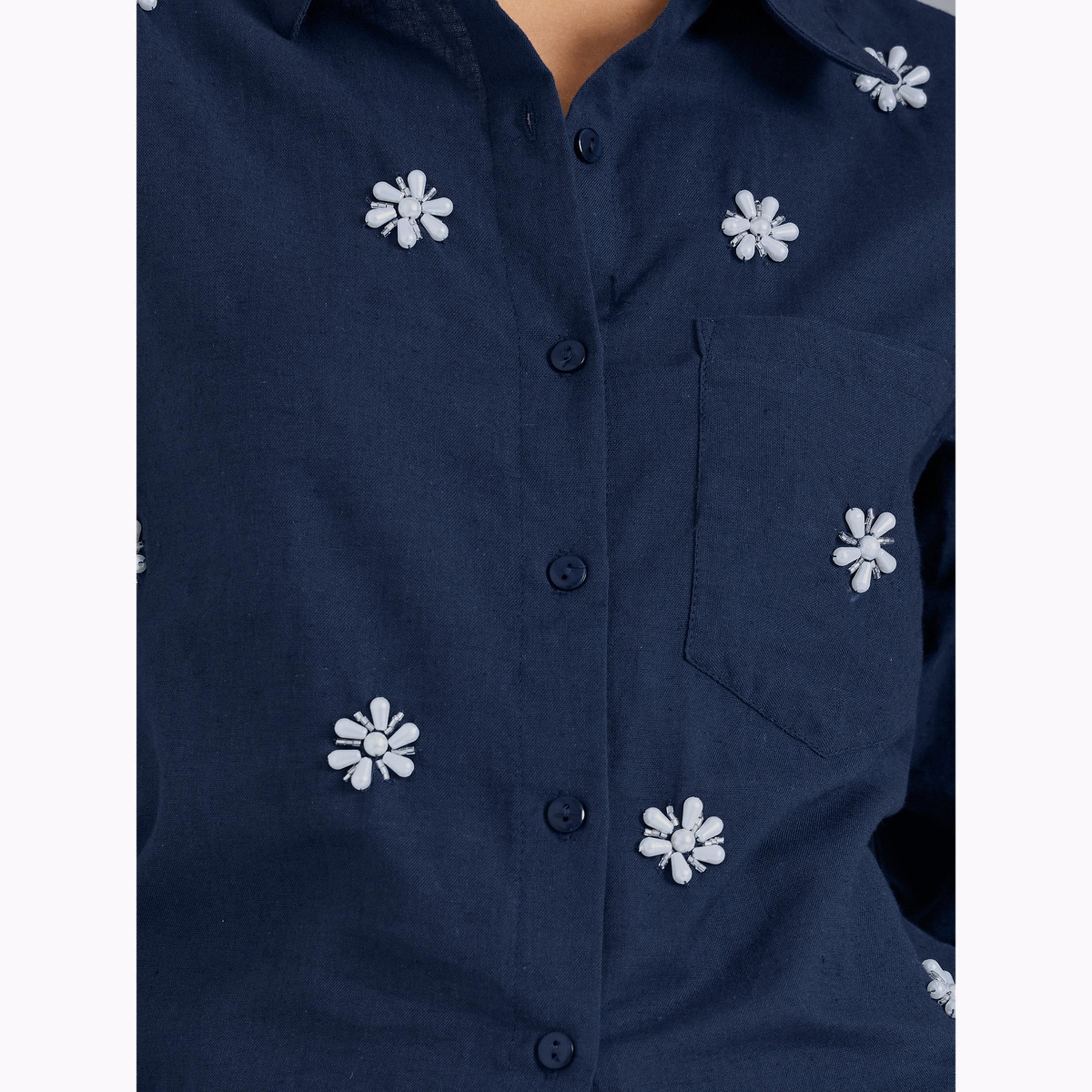Styli Navy Blue Embellished Cotton Shirt-women-clothing-shirtsandblouses-shirts-image-4