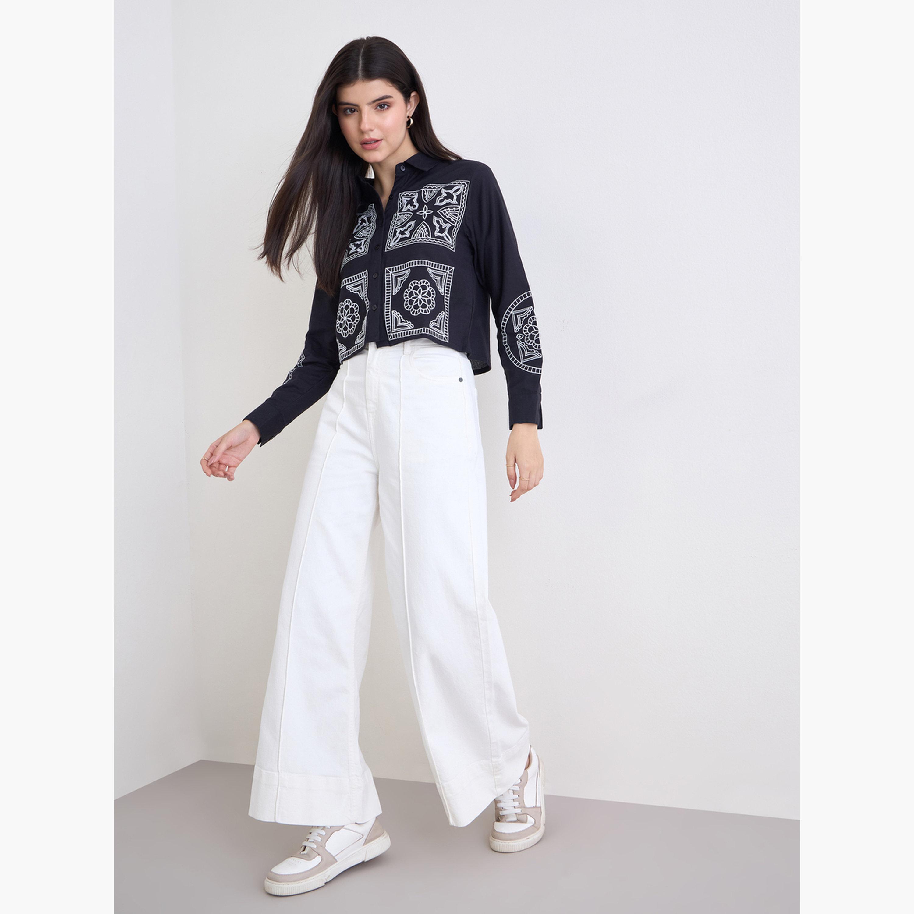 Styli Women Black Embroidered Boxy Fit Cropped Shirt-women-clothing-shirtsandblouses-shirts-image-2