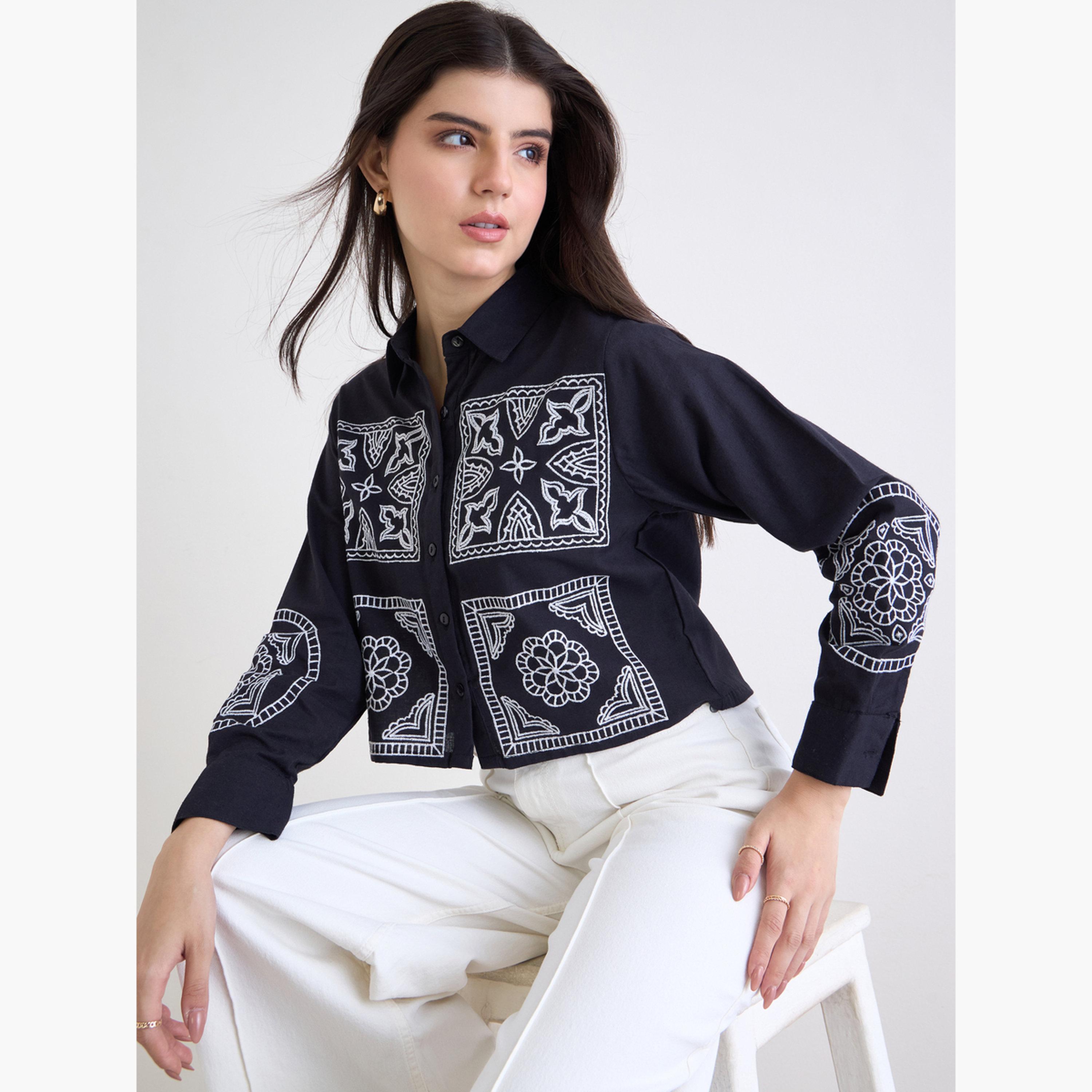 Styli Women Black Embroidered Boxy Fit Cropped Shirt-women-clothing-shirtsandblouses-shirts-image-3