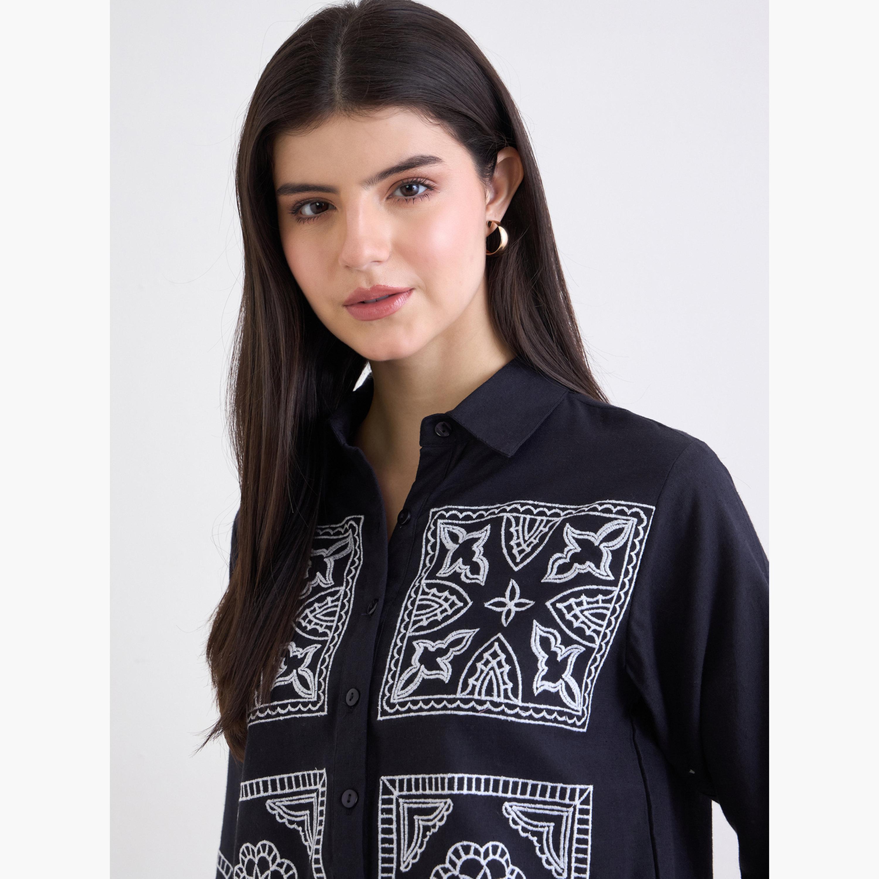 Styli Women Black Embroidered Boxy Fit Cropped Shirt-women-clothing-shirtsandblouses-shirts-image-4