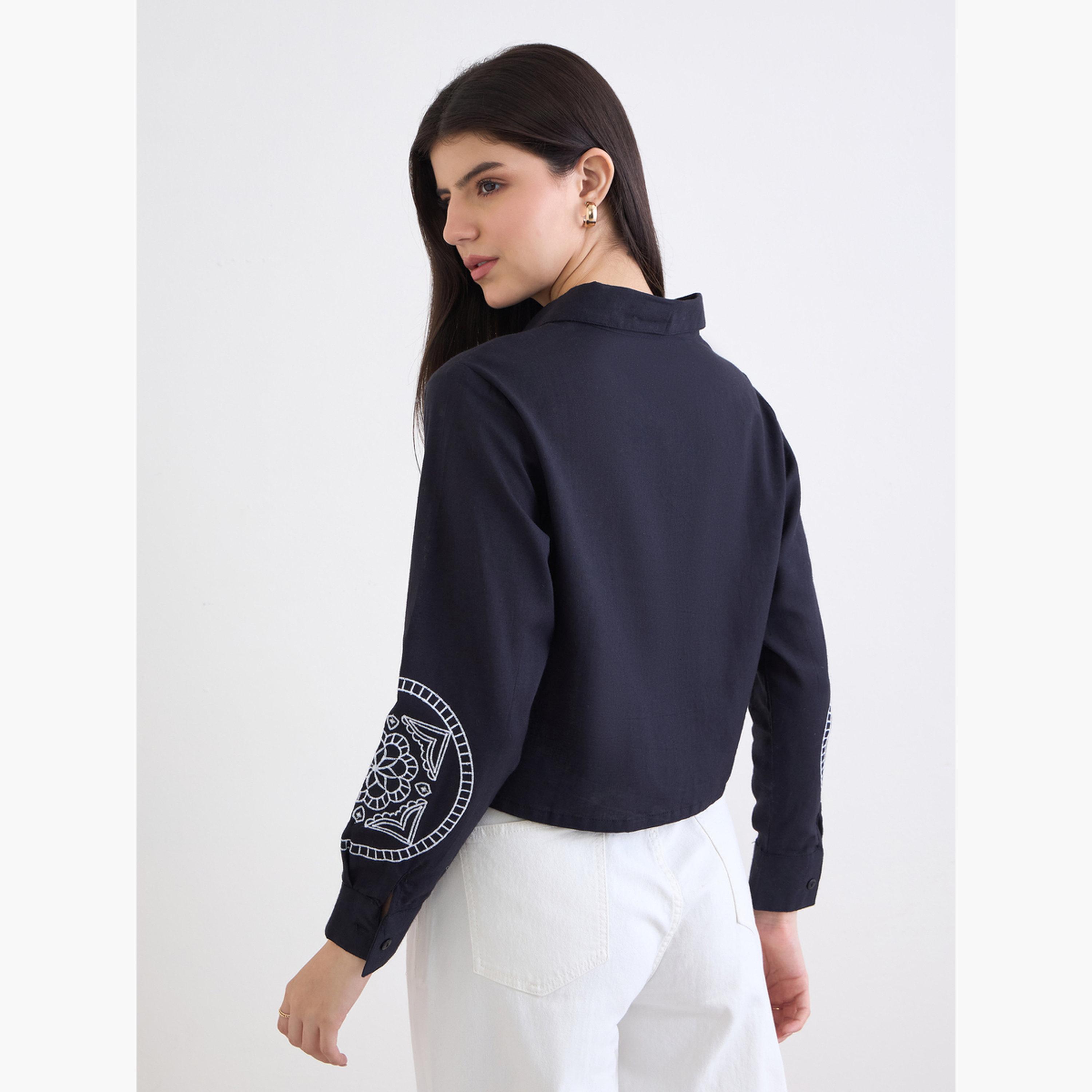 Styli Women Black Embroidered Boxy Fit Cropped Shirt-women-clothing-shirtsandblouses-shirts-image-5