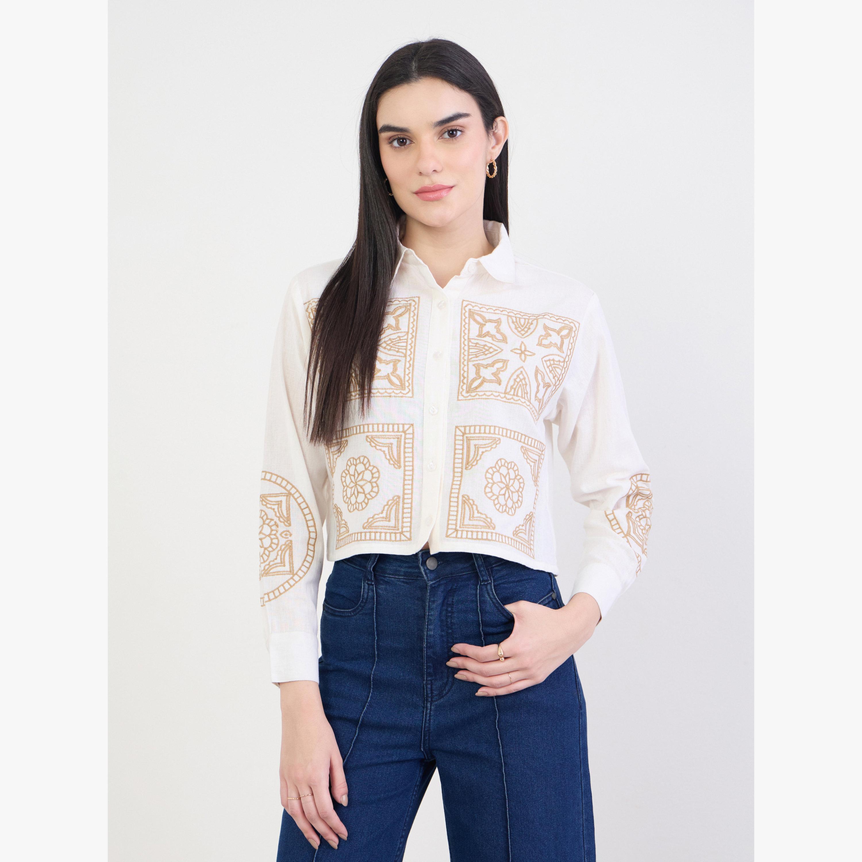 Styli Off White Embroidered Boxy Crop 100% Cotton Shirt-women-clothing-shirtsandblouses-shirts-image-1