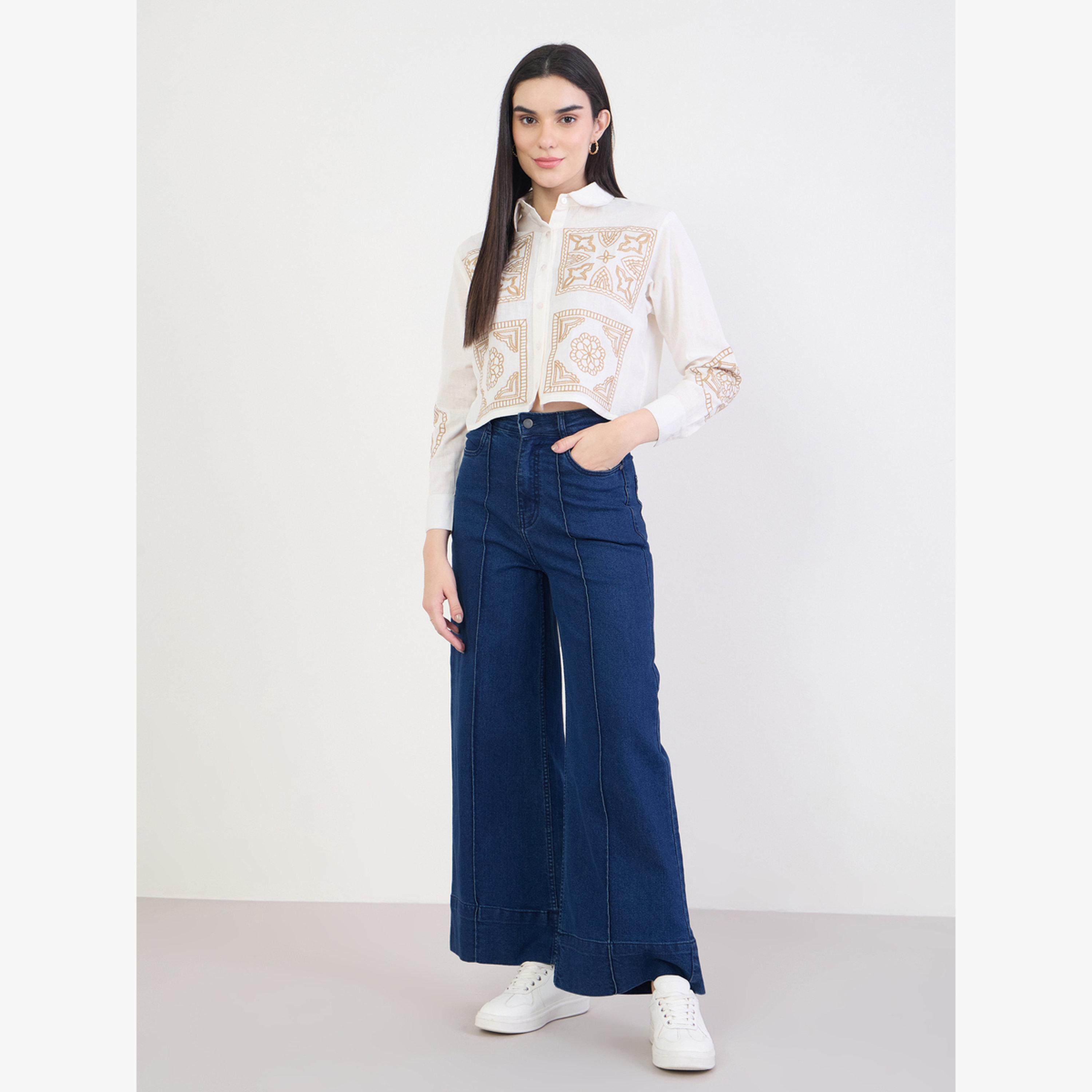 Styli Off White Embroidered Boxy Crop 100% Cotton Shirt-women-clothing-shirtsandblouses-shirts-image-2
