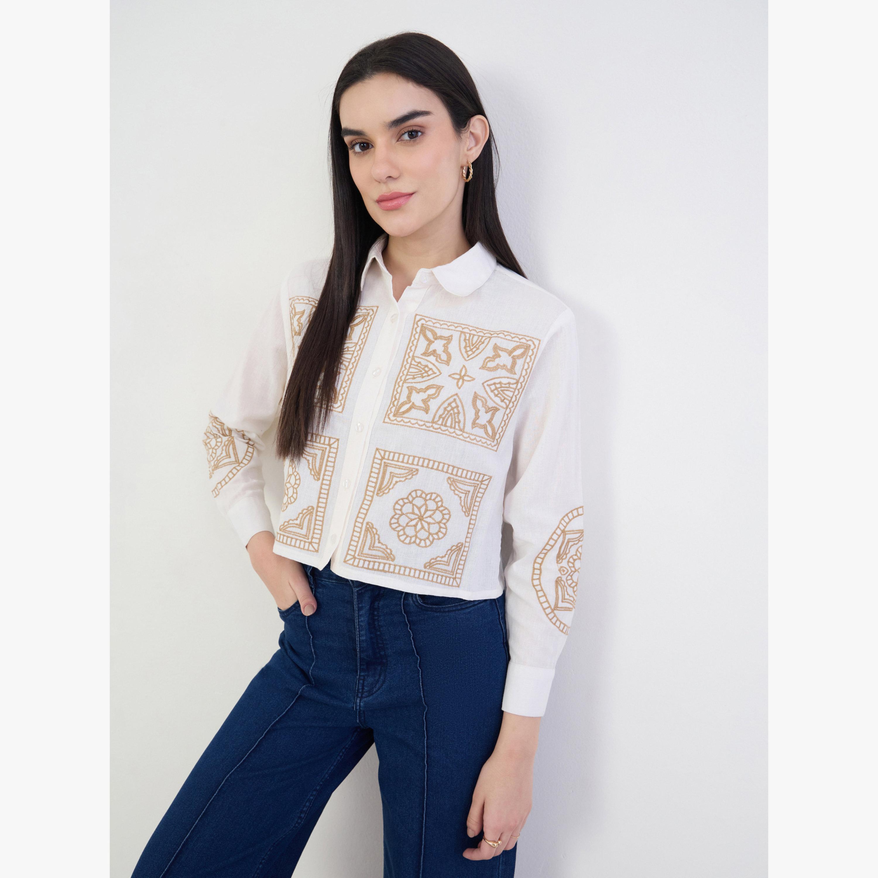 Styli Off White Embroidered Boxy Crop 100% Cotton Shirt-women-clothing-shirtsandblouses-shirts-image-3