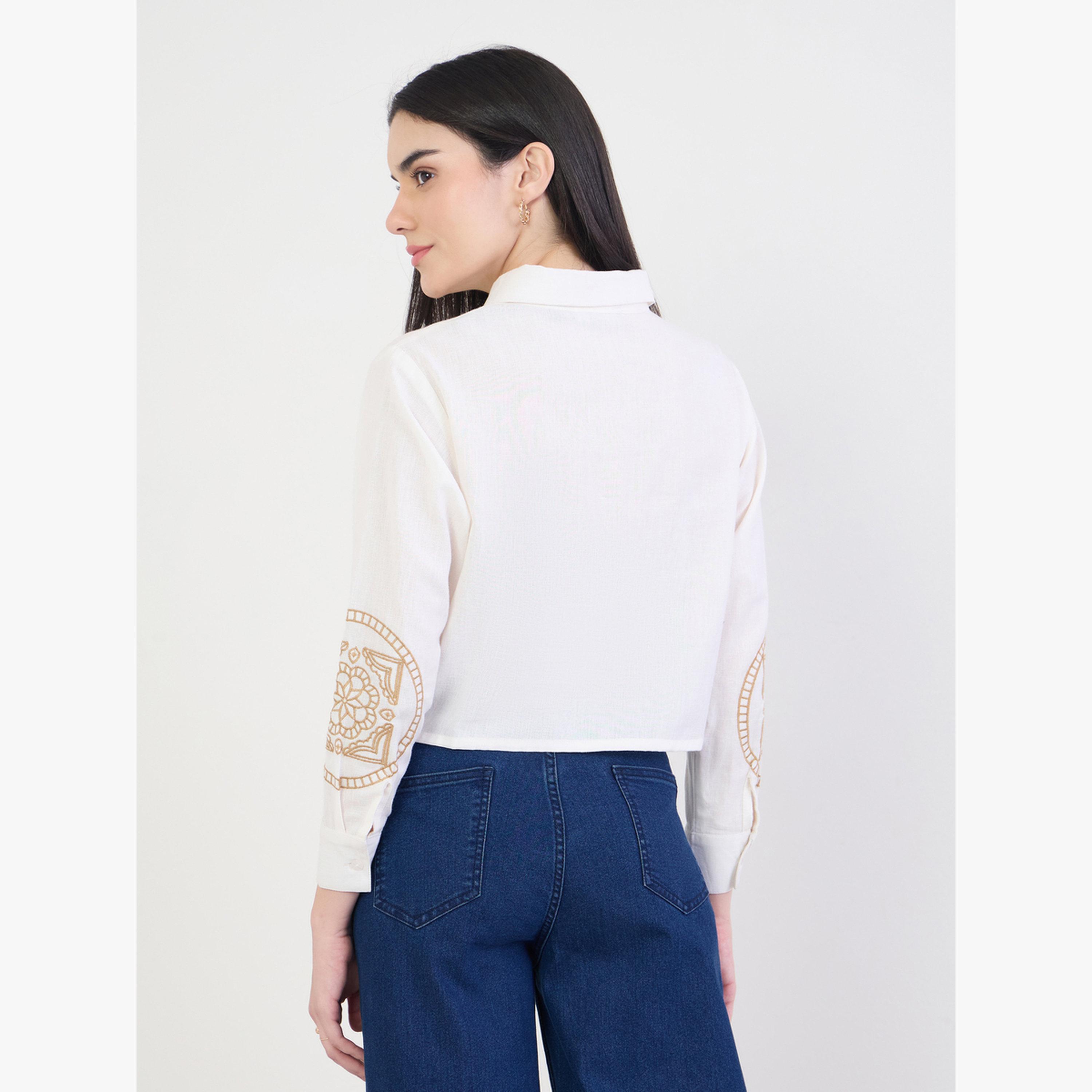 Styli Off White Embroidered Boxy Crop 100% Cotton Shirt-women-clothing-shirtsandblouses-shirts-image-5