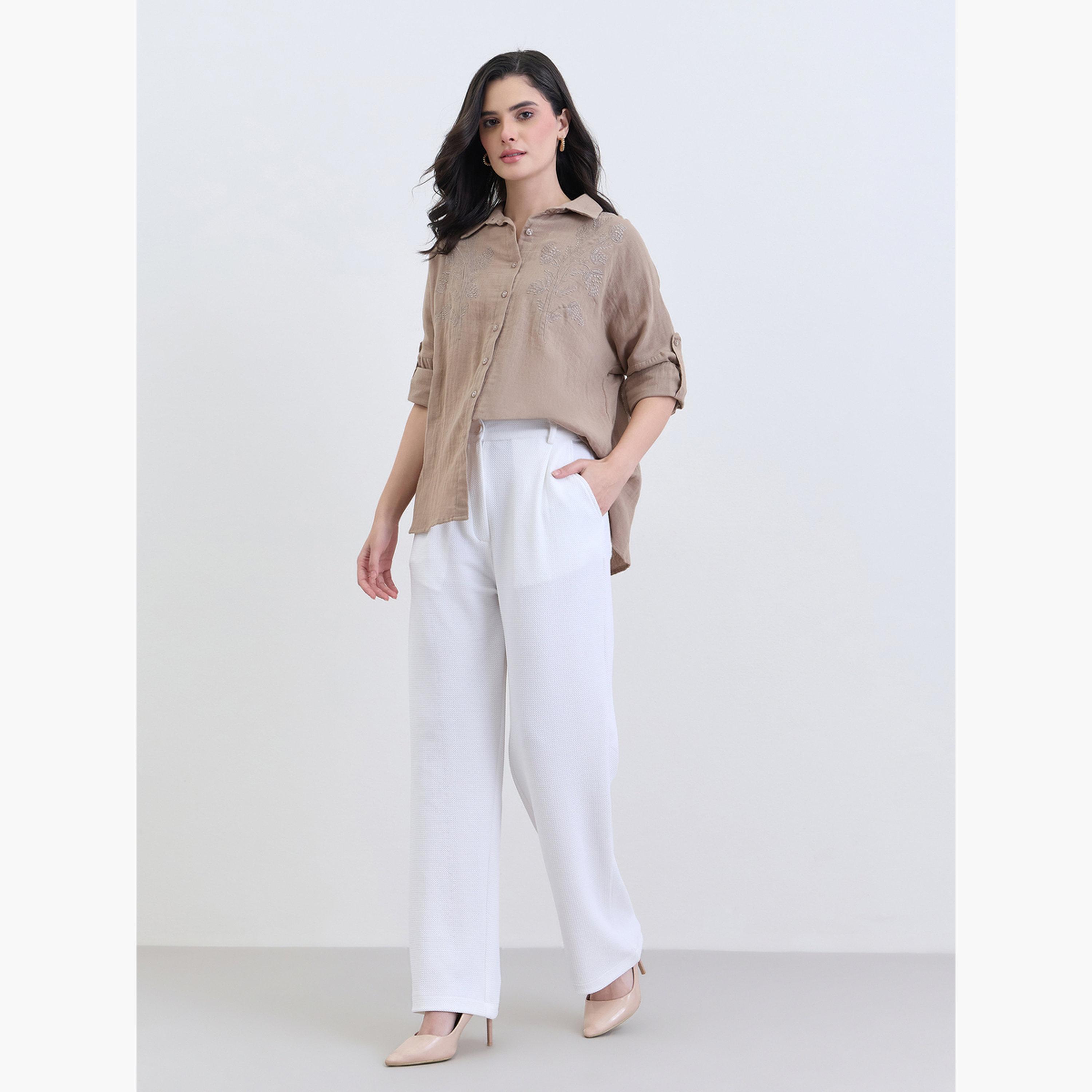 Styli Brown Embroidered Cotton Oversized Shirt-women-clothing-shirtsandblouses-shirts-image-2