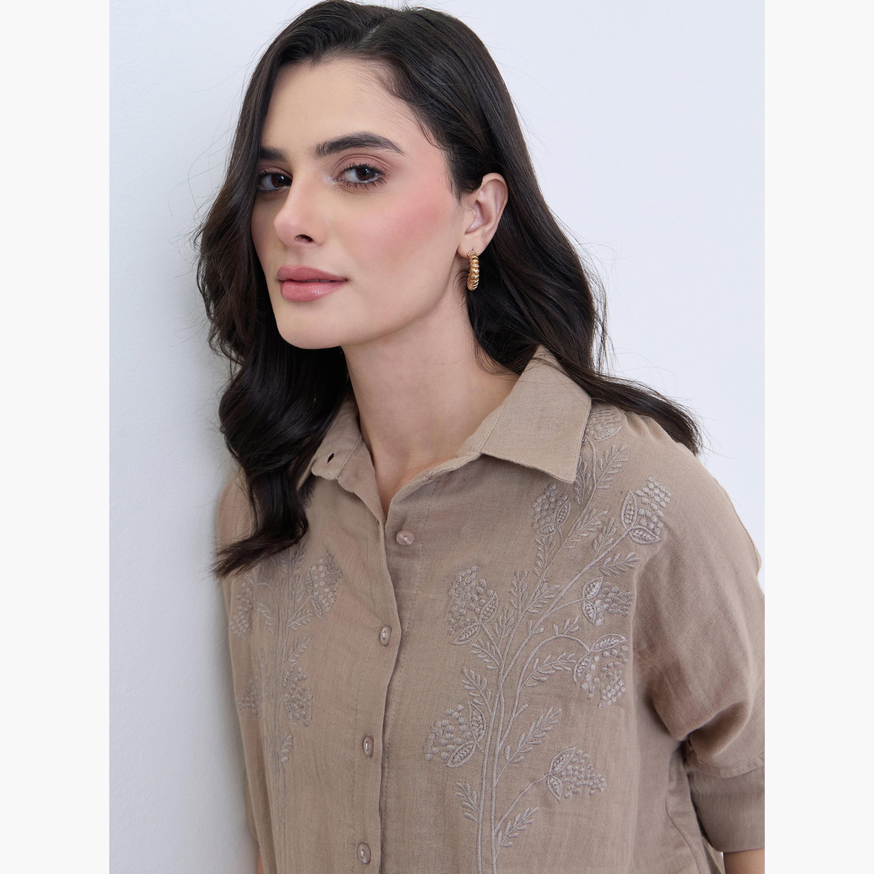 Styli Brown Embroidered Cotton Oversized Shirt-women-clothing-shirtsandblouses-shirts-image-4