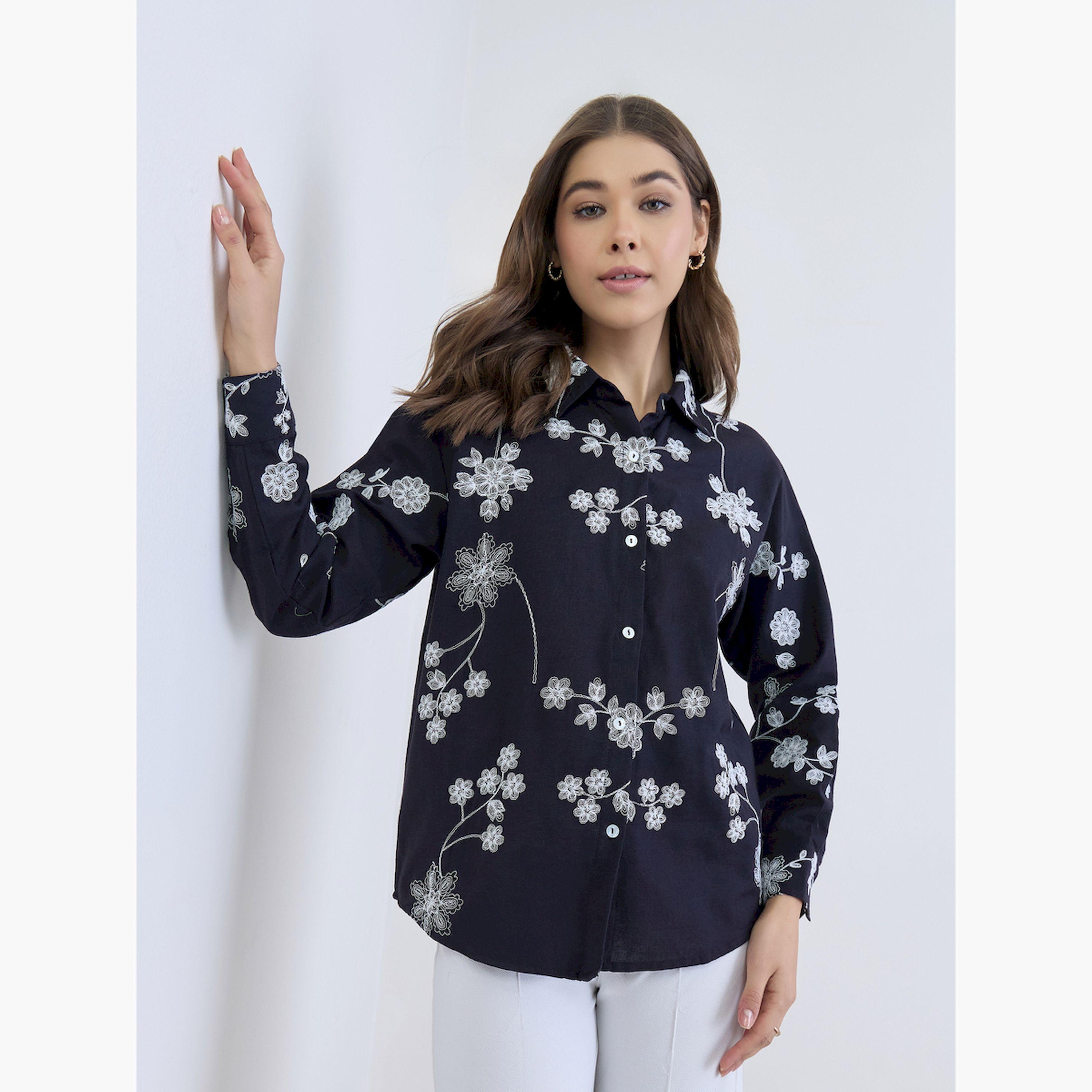 Styli Women Embroidered Black Cotton Shirt-women-clothing-shirtsandblouses-shirts-image-3