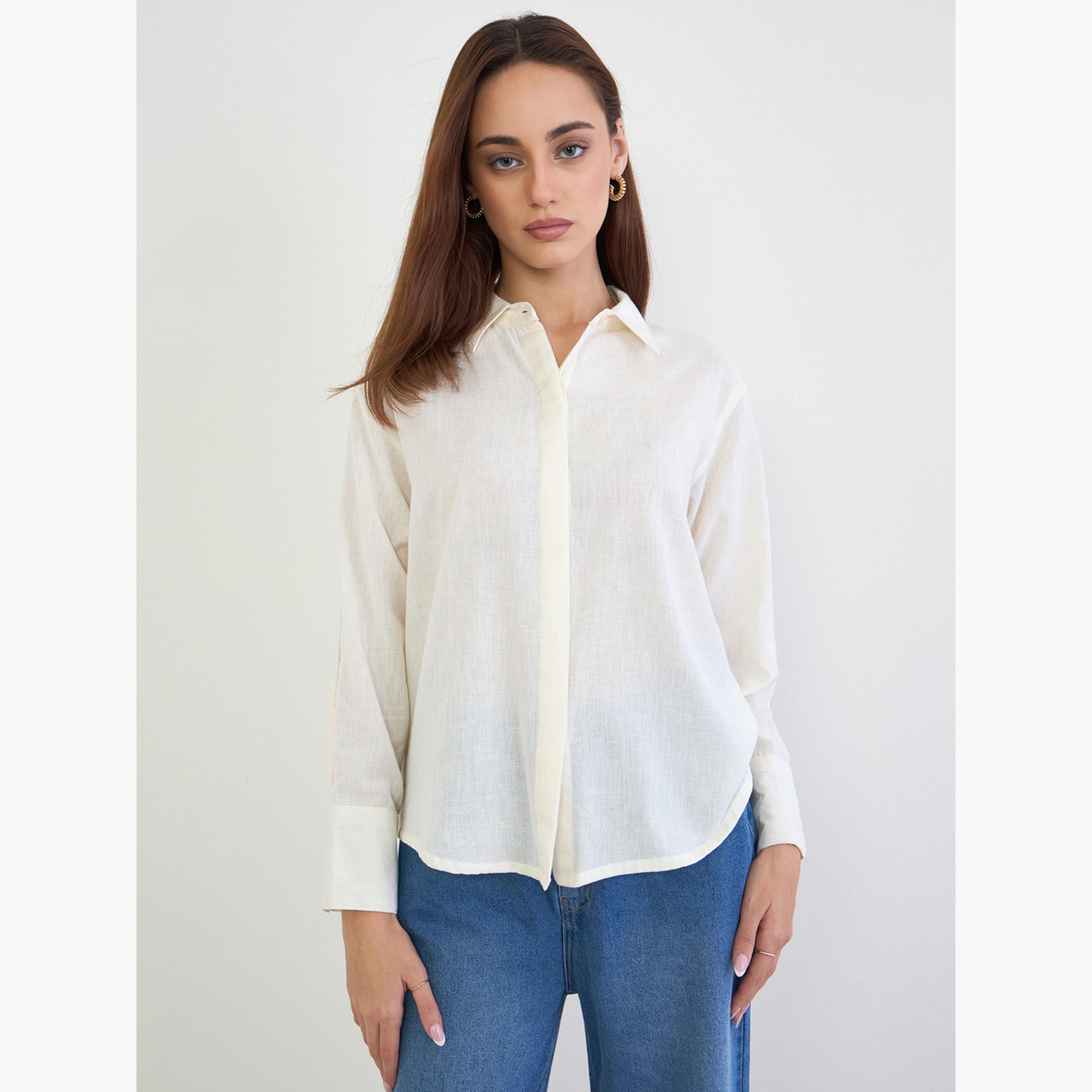 ستايلي - قميص من القطن والكتان بتفاصيل من الدانتيل-women-clothing-shirtsandblouses-shirts-image-1