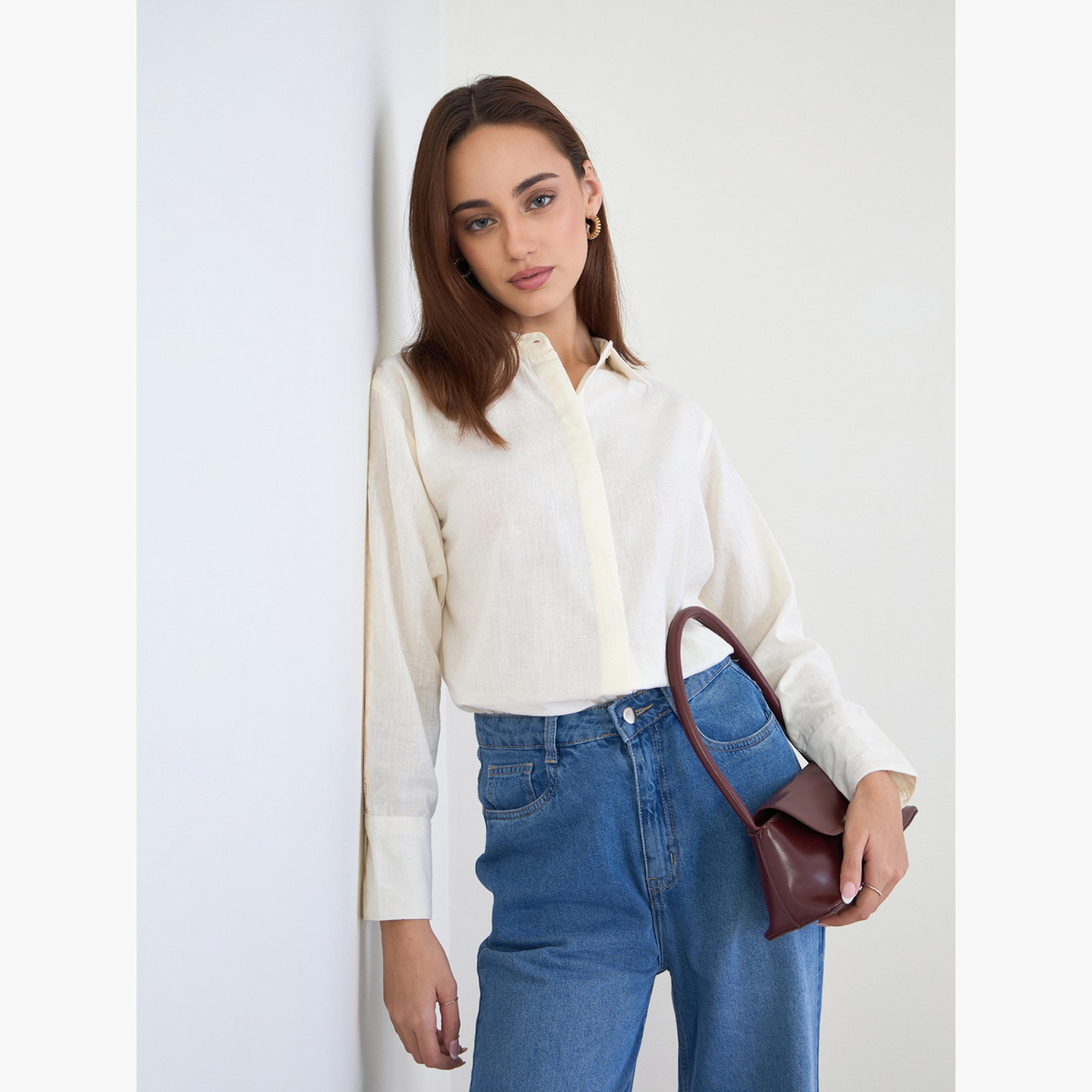 ستايلي - قميص من القطن والكتان بتفاصيل من الدانتيل-women-clothing-shirtsandblouses-shirts-image-3