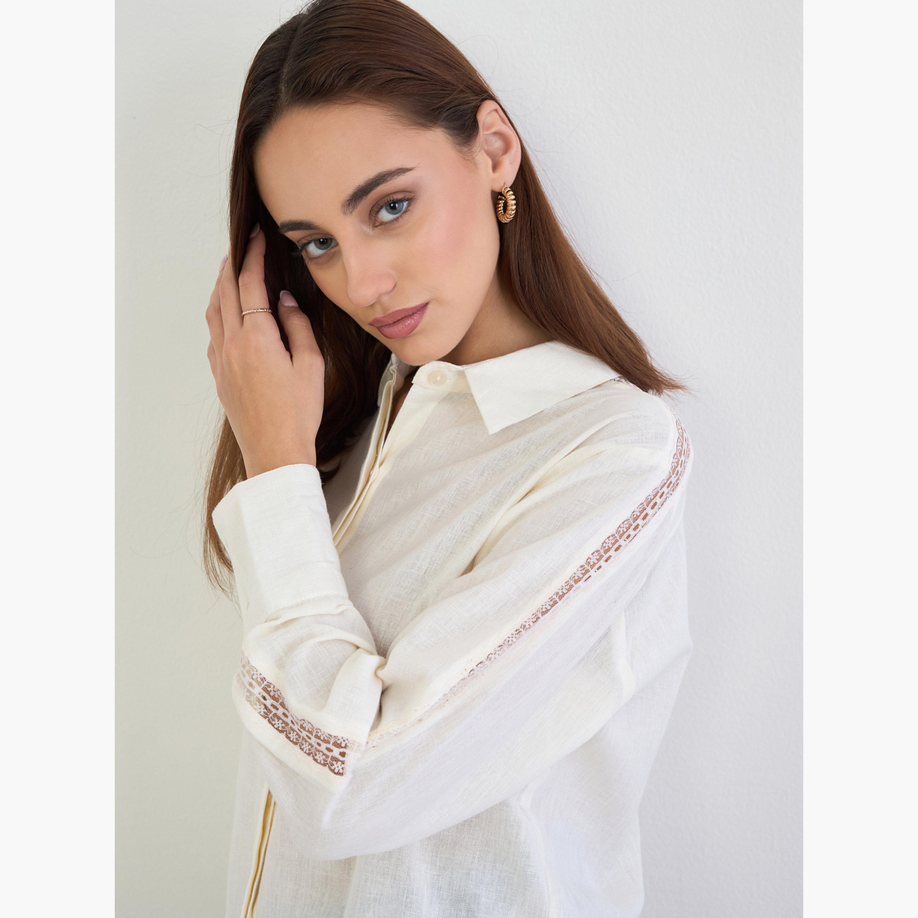 ستايلي - قميص من القطن والكتان بتفاصيل من الدانتيل-women-clothing-shirtsandblouses-shirts-image-4