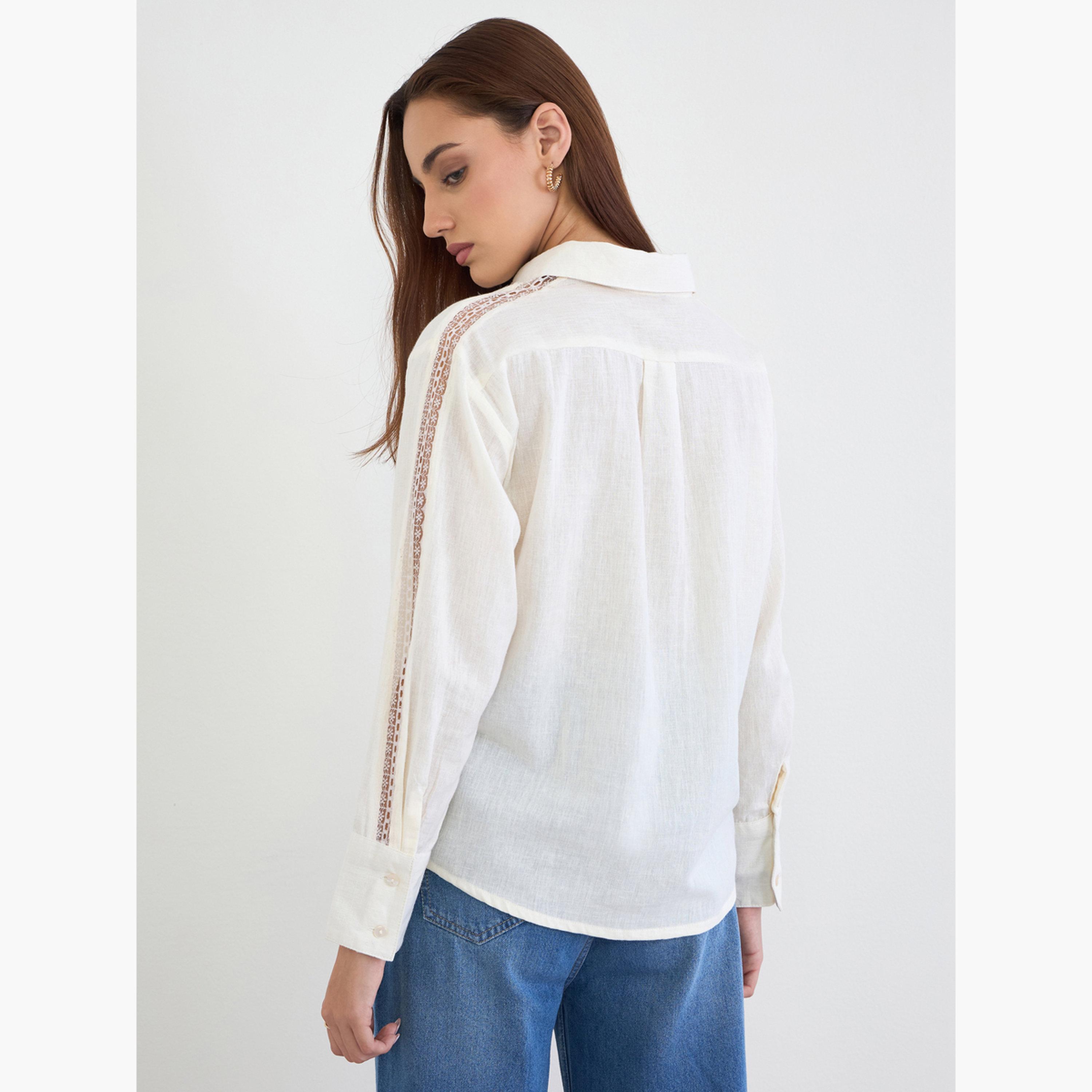 ستايلي - قميص من القطن والكتان بتفاصيل من الدانتيل-women-clothing-shirtsandblouses-shirts-image-5