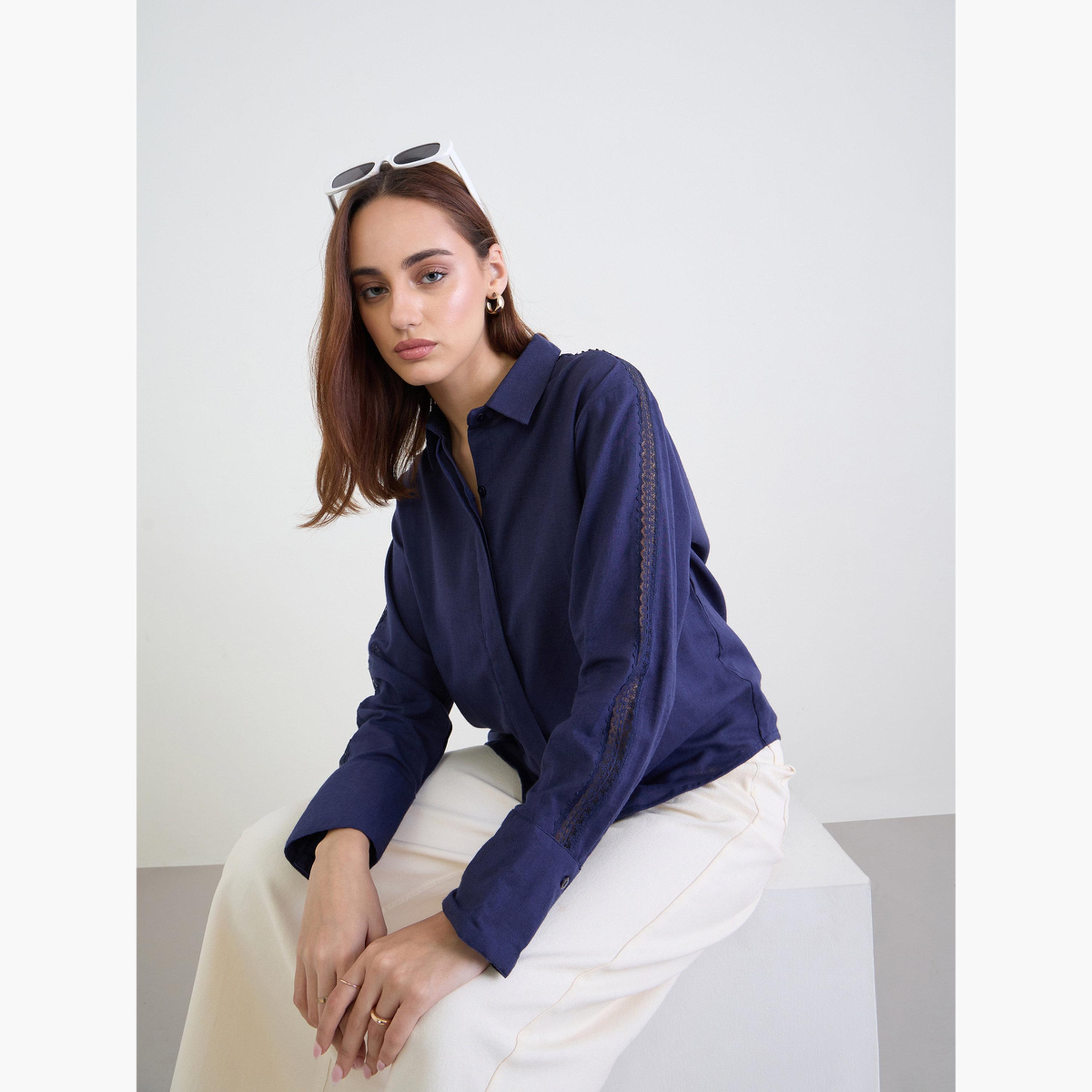 Styli Lace Cutwork Detail Cotton Linen Shirt-women-clothing-shirtsandblouses-shirts-image-3