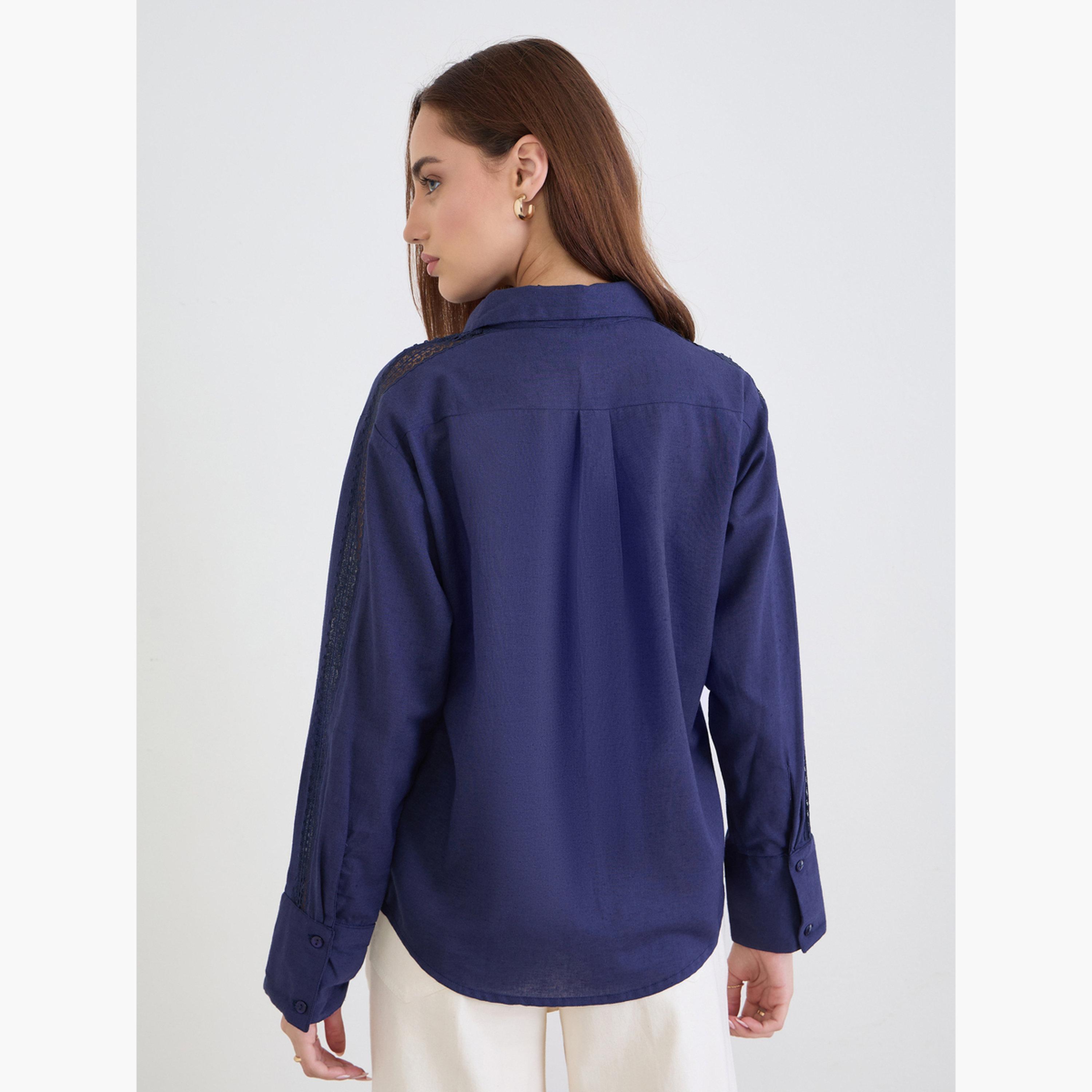 Styli Lace Cutwork Detail Cotton Linen Shirt-women-clothing-shirtsandblouses-shirts-image-5