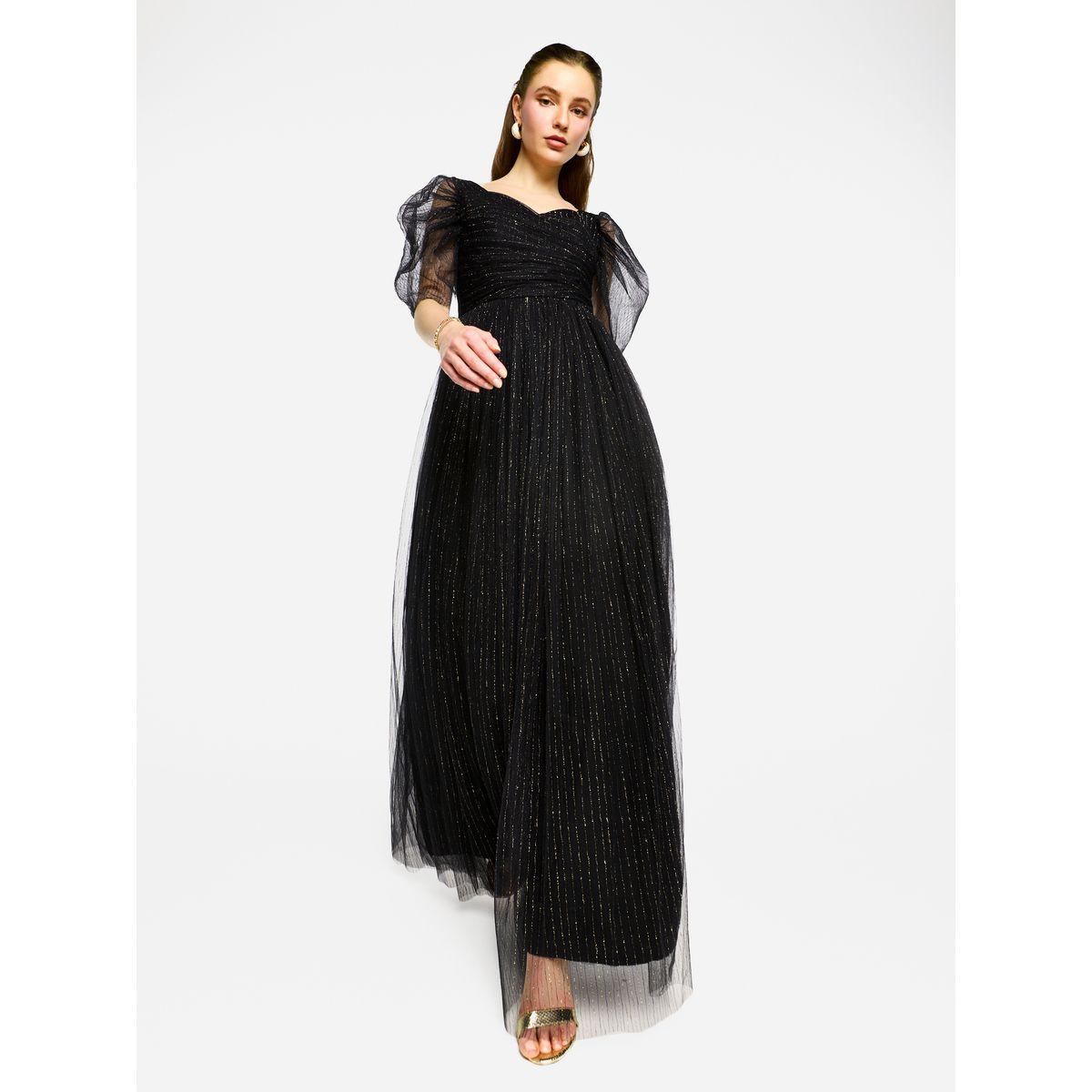 فستان طويل بأكمام منفوخة وتفاصيل كسرات-women-clothing-dresses-image-3