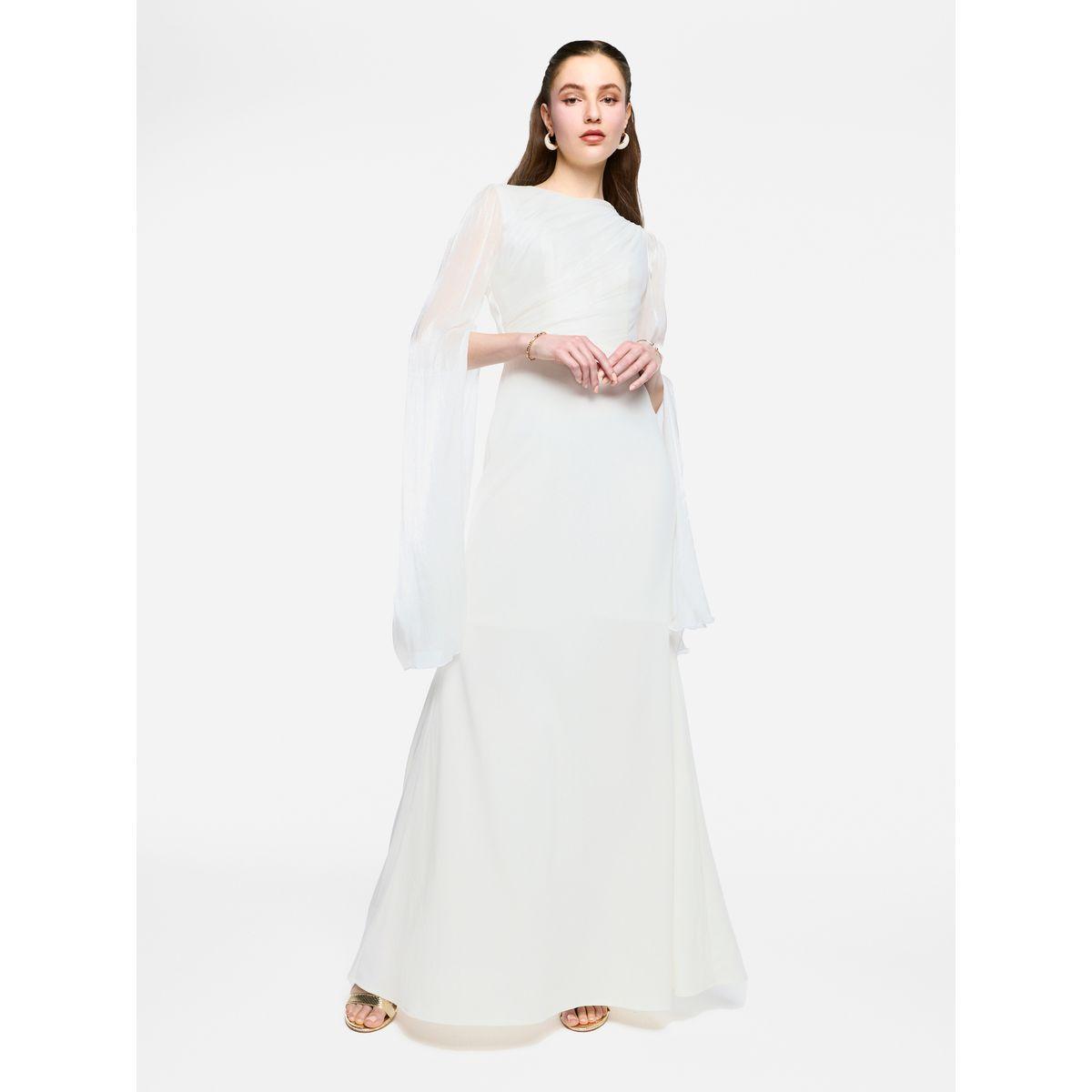 فستان طويل بأكمام بنمط كيب شفافة مع تفاصيل كسرات-women-clothing-dresses-image-1