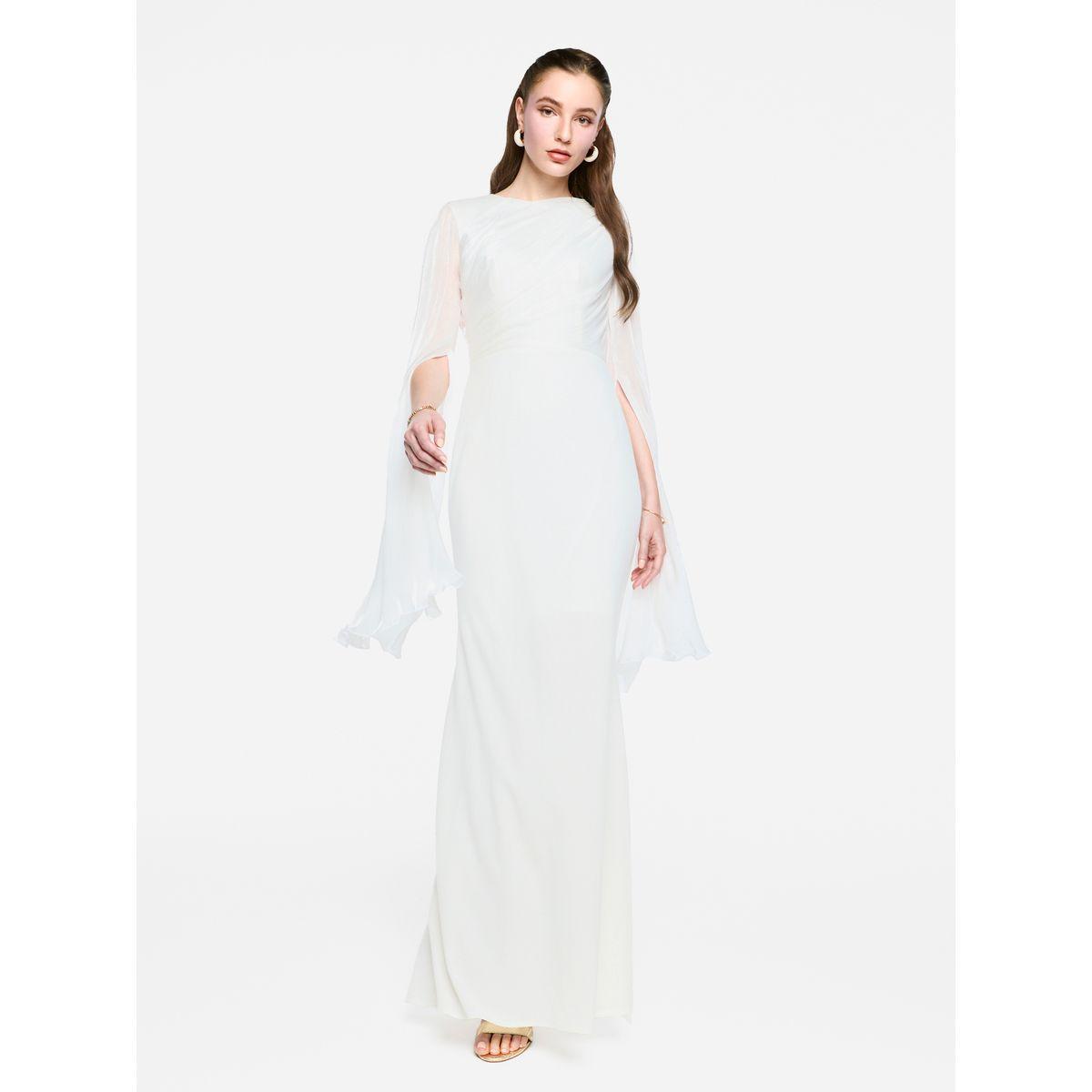 فستان طويل بأكمام بنمط كيب شفافة مع تفاصيل كسرات-women-clothing-dresses-image-10