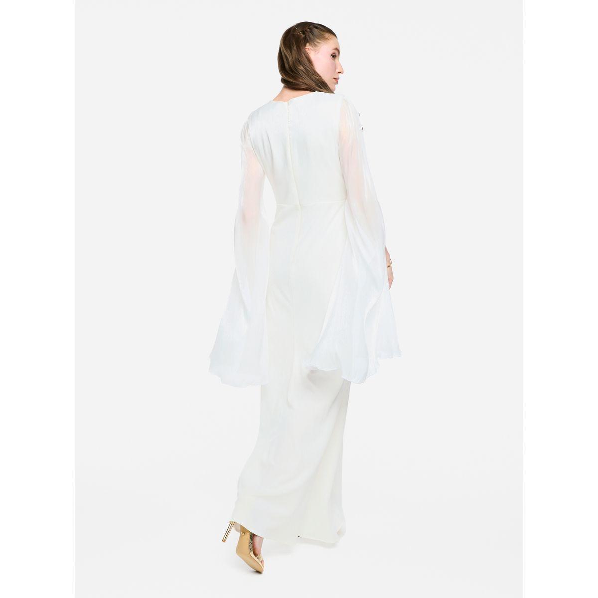 فستان طويل بأكمام بنمط كيب شفافة مع تفاصيل كسرات-women-clothing-dresses-image-11