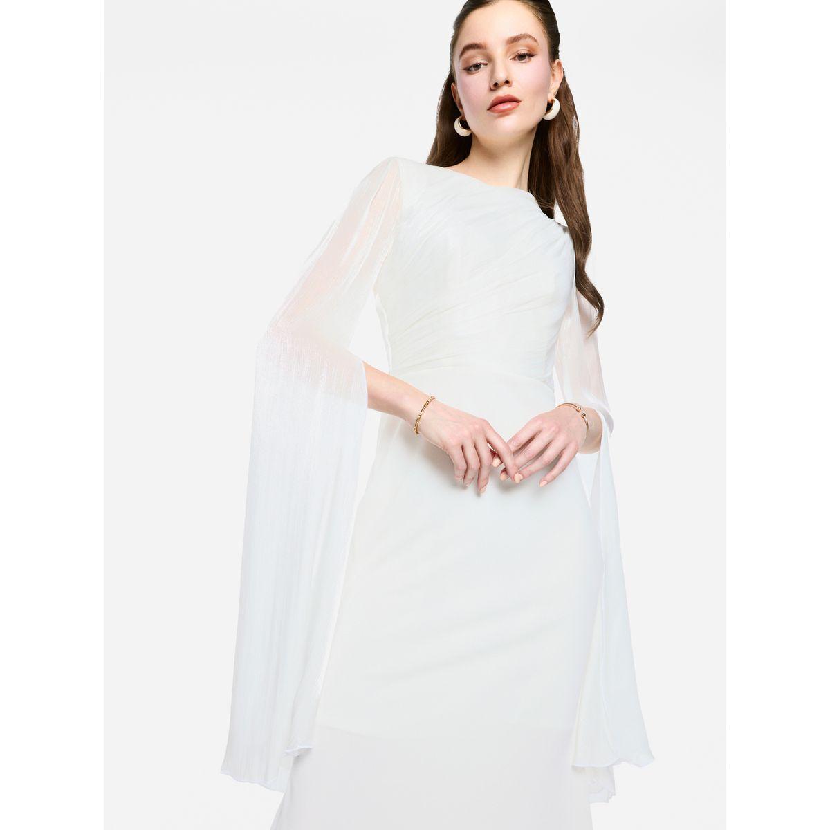 فستان طويل بأكمام بنمط كيب شفافة مع تفاصيل كسرات-women-clothing-dresses-image-14