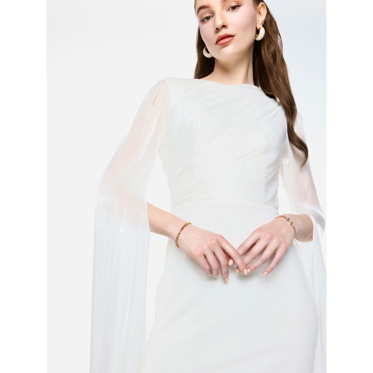 فستان طويل بأكمام بنمط كيب شفافة مع تفاصيل كسرات-women-clothing-dresses-image-2