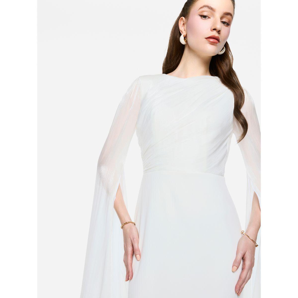فستان طويل بأكمام بنمط كيب شفافة مع تفاصيل كسرات-women-clothing-dresses-image-3