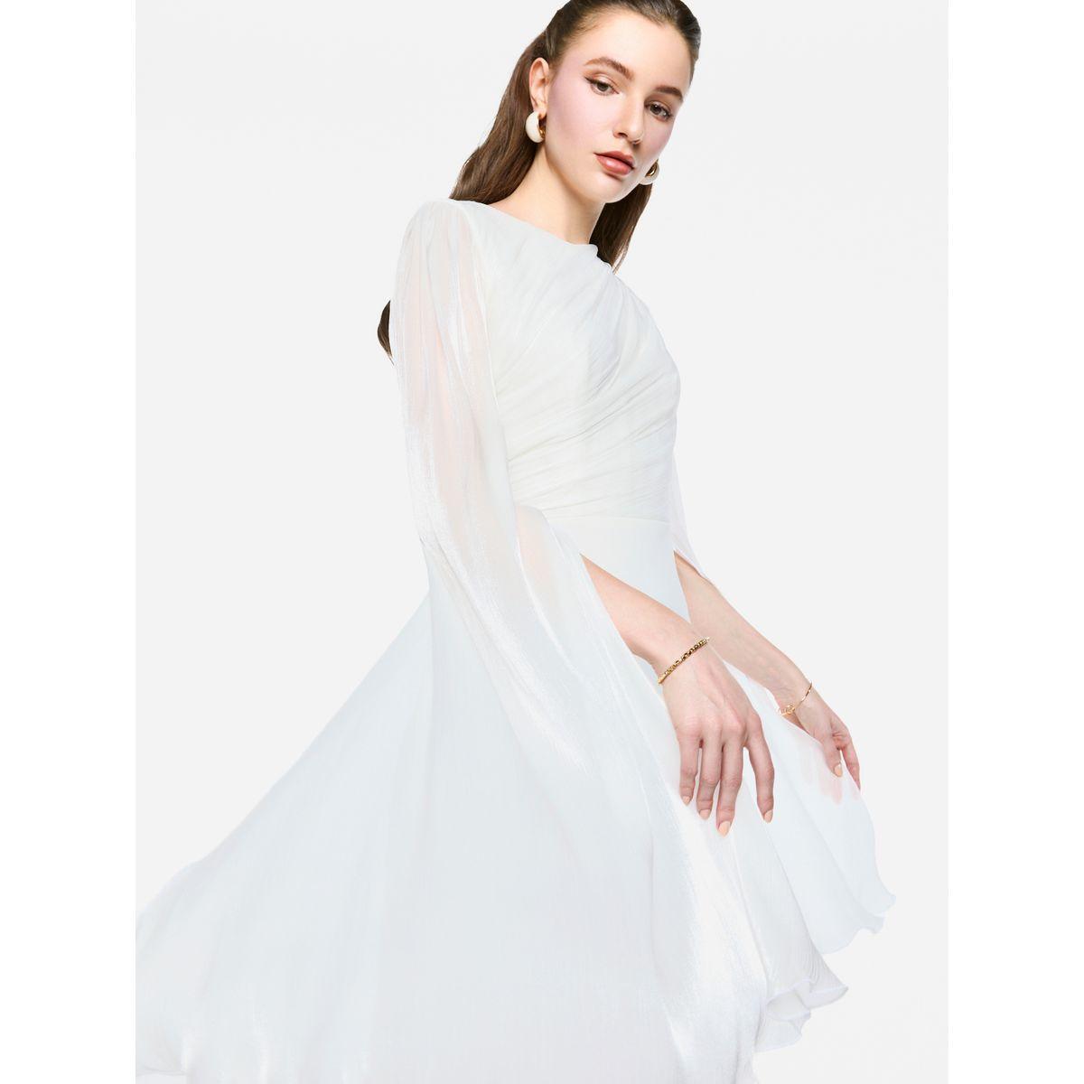فستان طويل بأكمام بنمط كيب شفافة مع تفاصيل كسرات-women-clothing-dresses-image-4
