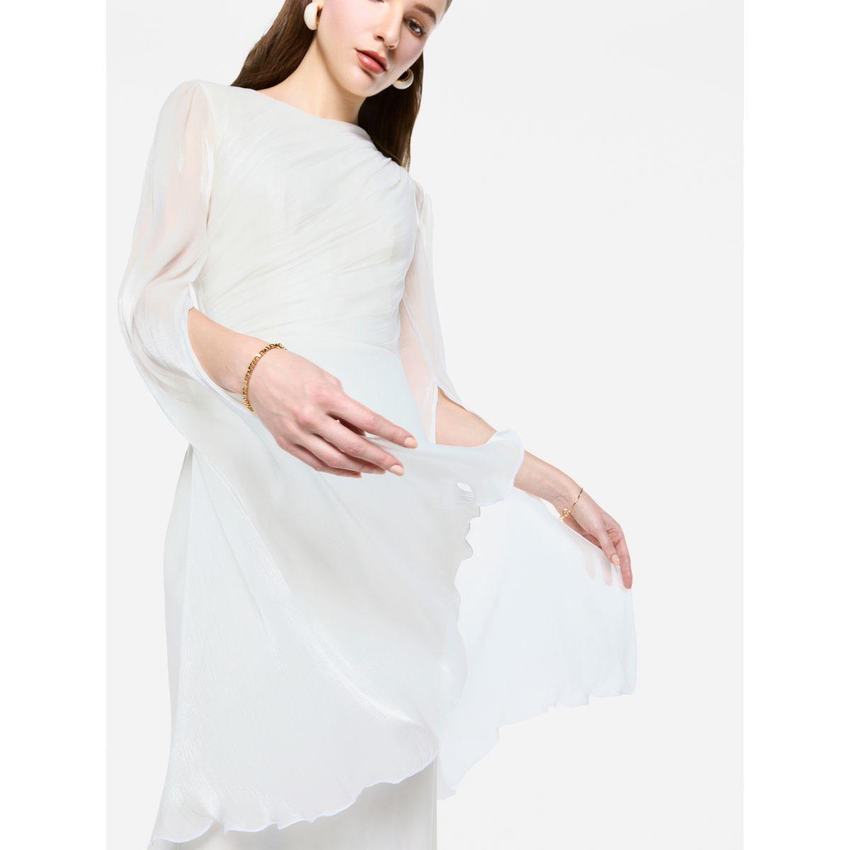 فستان طويل بأكمام بنمط كيب شفافة مع تفاصيل كسرات-women-clothing-dresses-image-5