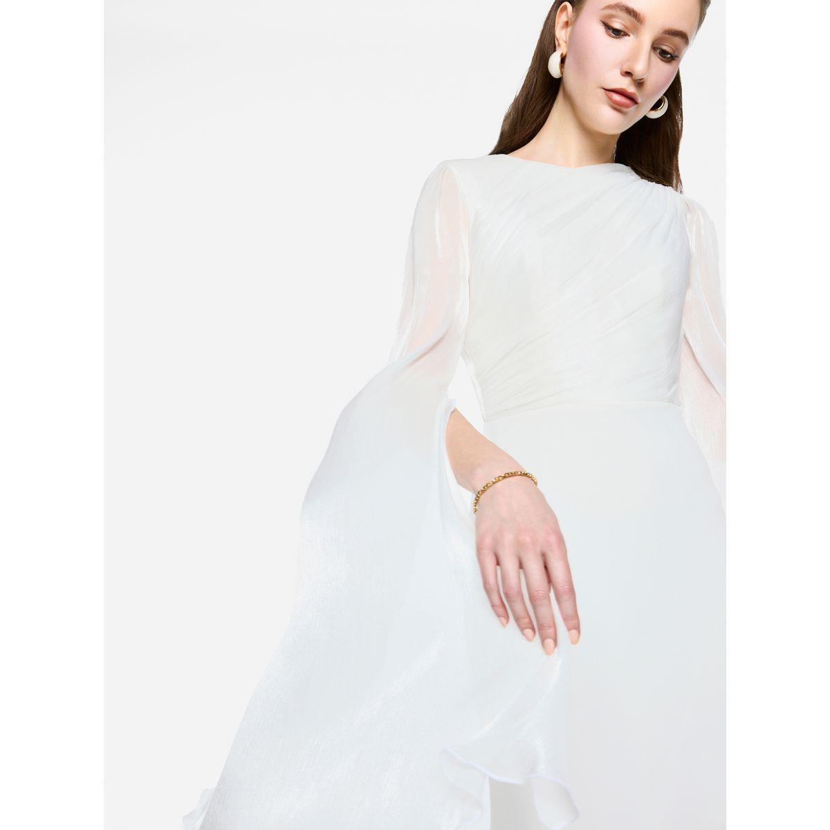 فستان طويل بأكمام بنمط كيب شفافة مع تفاصيل كسرات-women-clothing-dresses-image-6