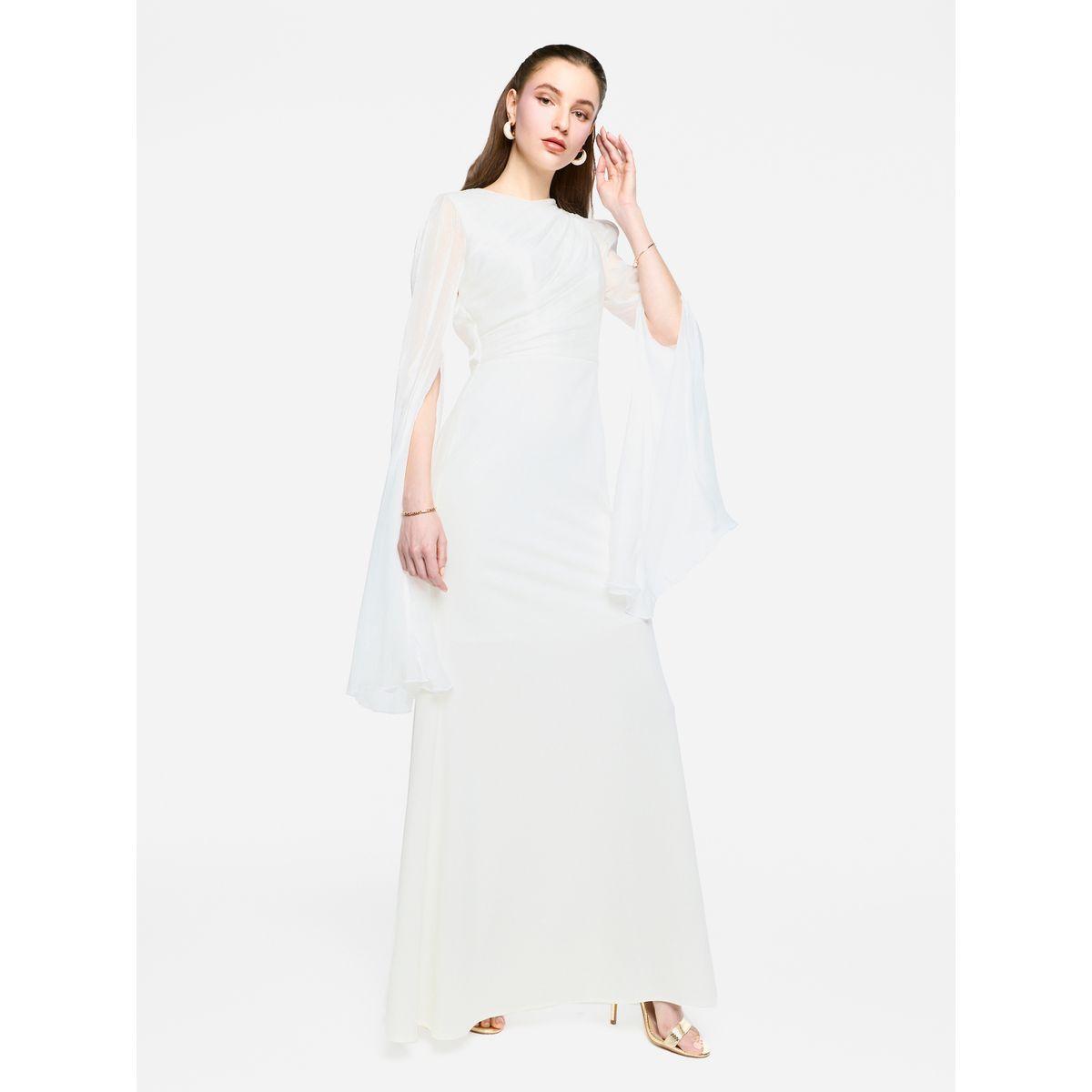 فستان طويل بأكمام بنمط كيب شفافة مع تفاصيل كسرات-women-clothing-dresses-image-7