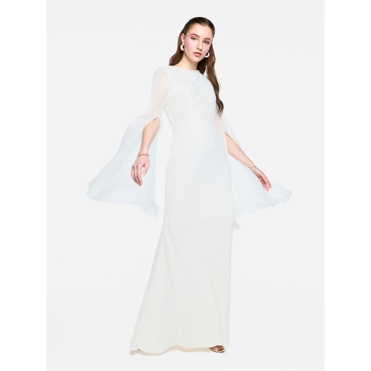 فستان طويل بأكمام بنمط كيب شفافة مع تفاصيل كسرات-women-clothing-dresses-image-9
