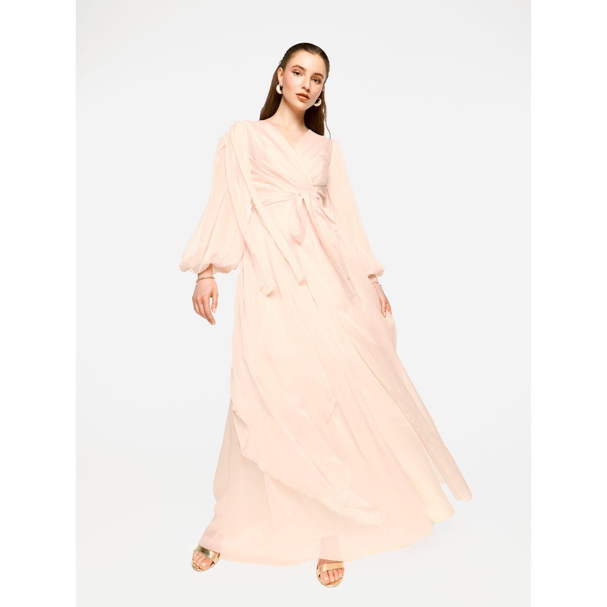 فستان طويل بتفاصيل كسرات وأكمام بالون-women-clothing-dresses-image-1