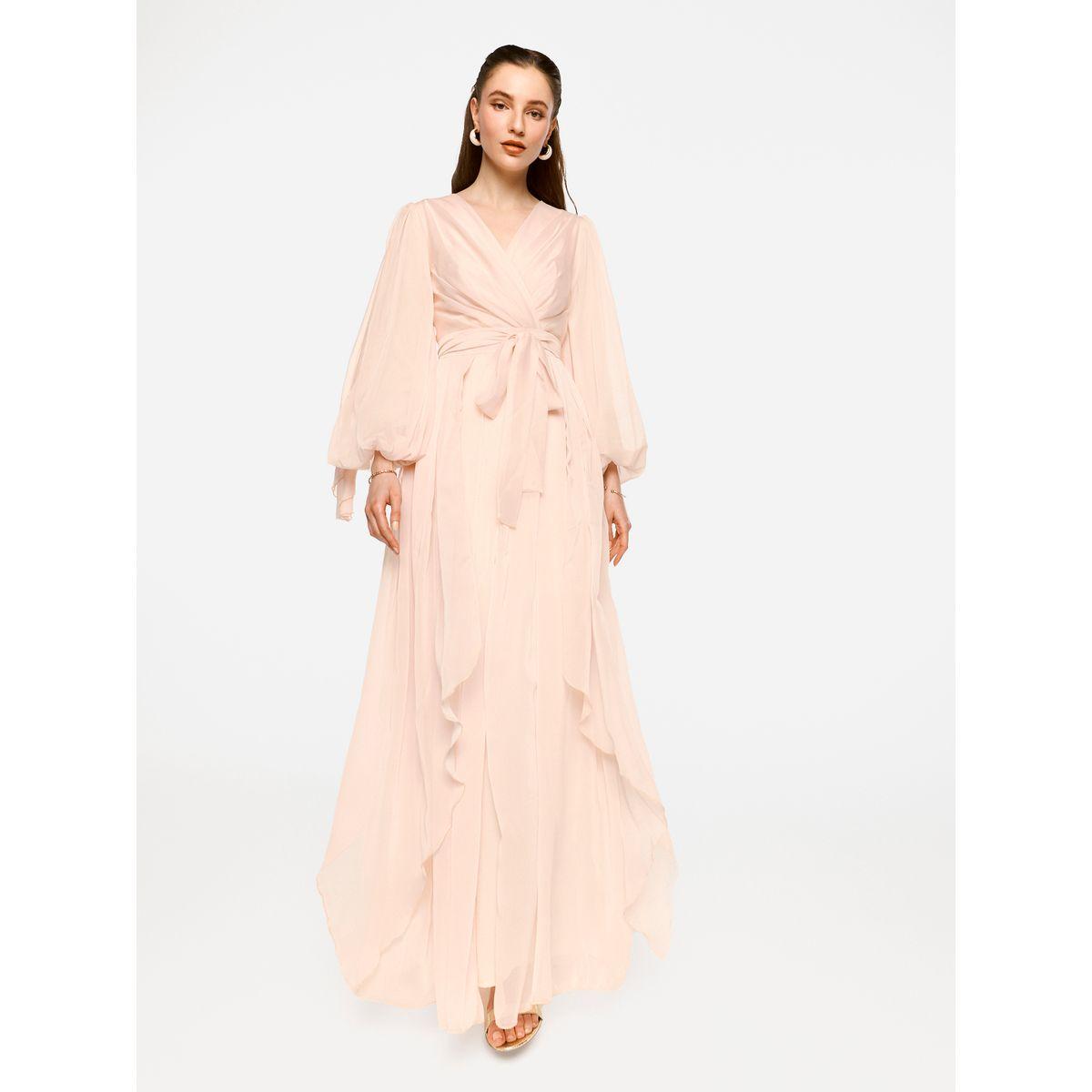 فستان طويل بتفاصيل كسرات وأكمام بالون-women-clothing-dresses-image-2