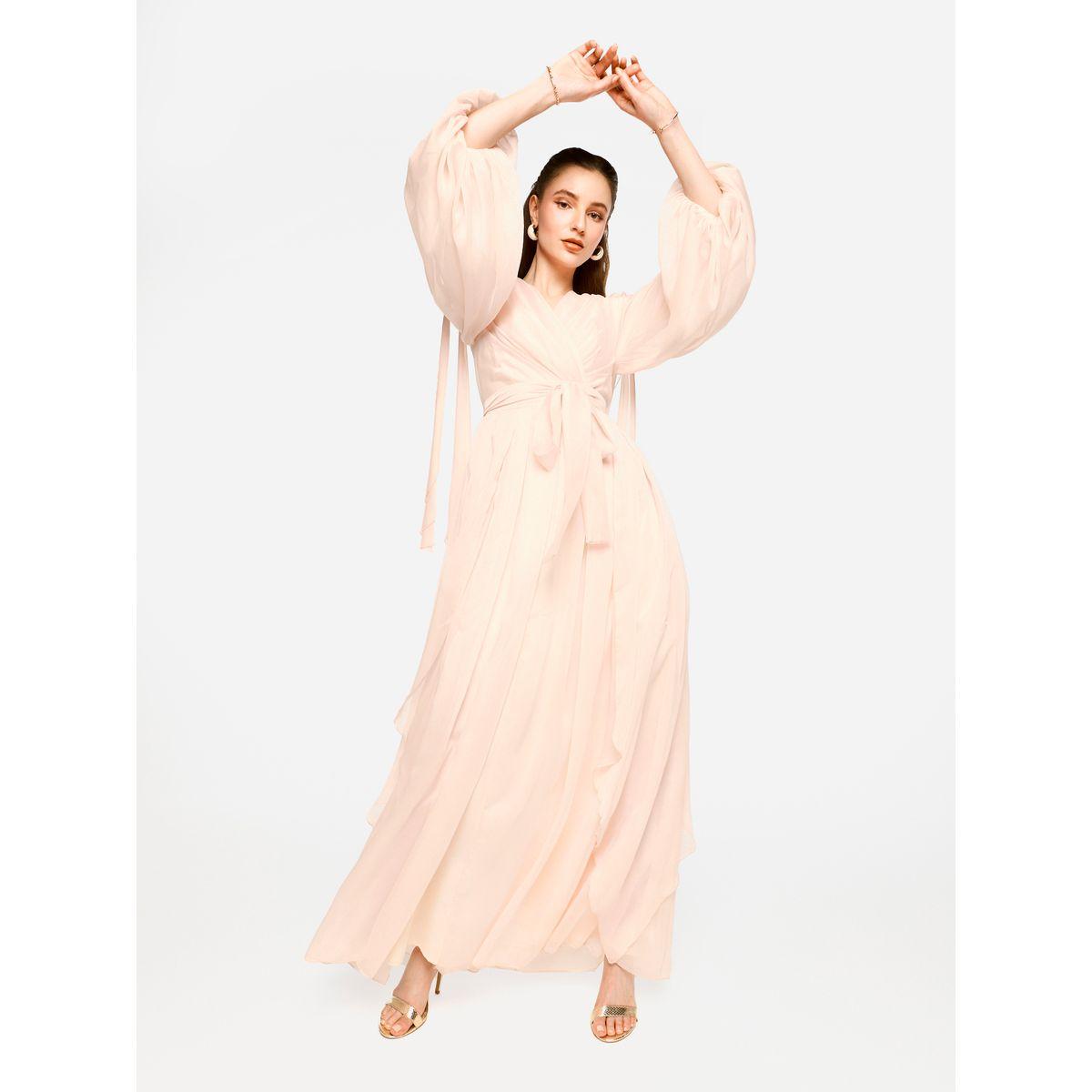 فستان طويل بتفاصيل كسرات وأكمام بالون-women-clothing-dresses-image-3