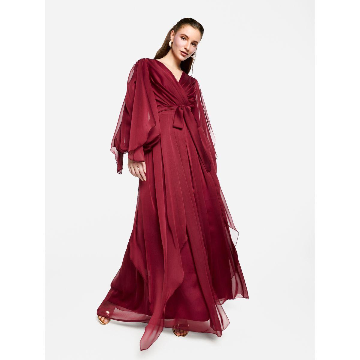 فستان طويل بتفاصيل كسرات وأكمام بالون-women-clothing-dresses-image-1