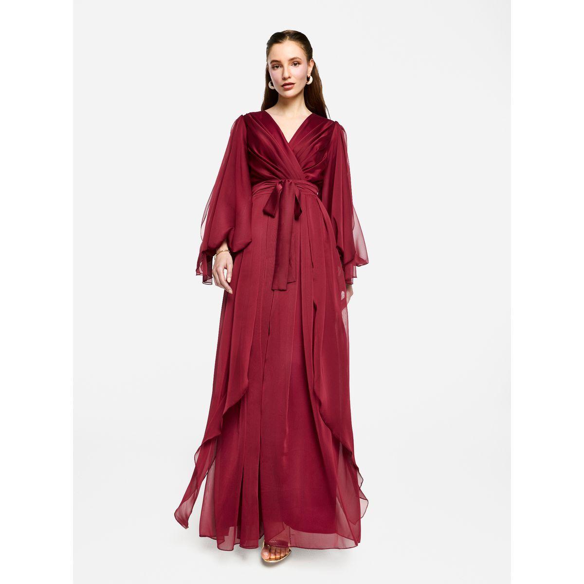 فستان طويل بتفاصيل كسرات وأكمام بالون-women-clothing-dresses-image-2