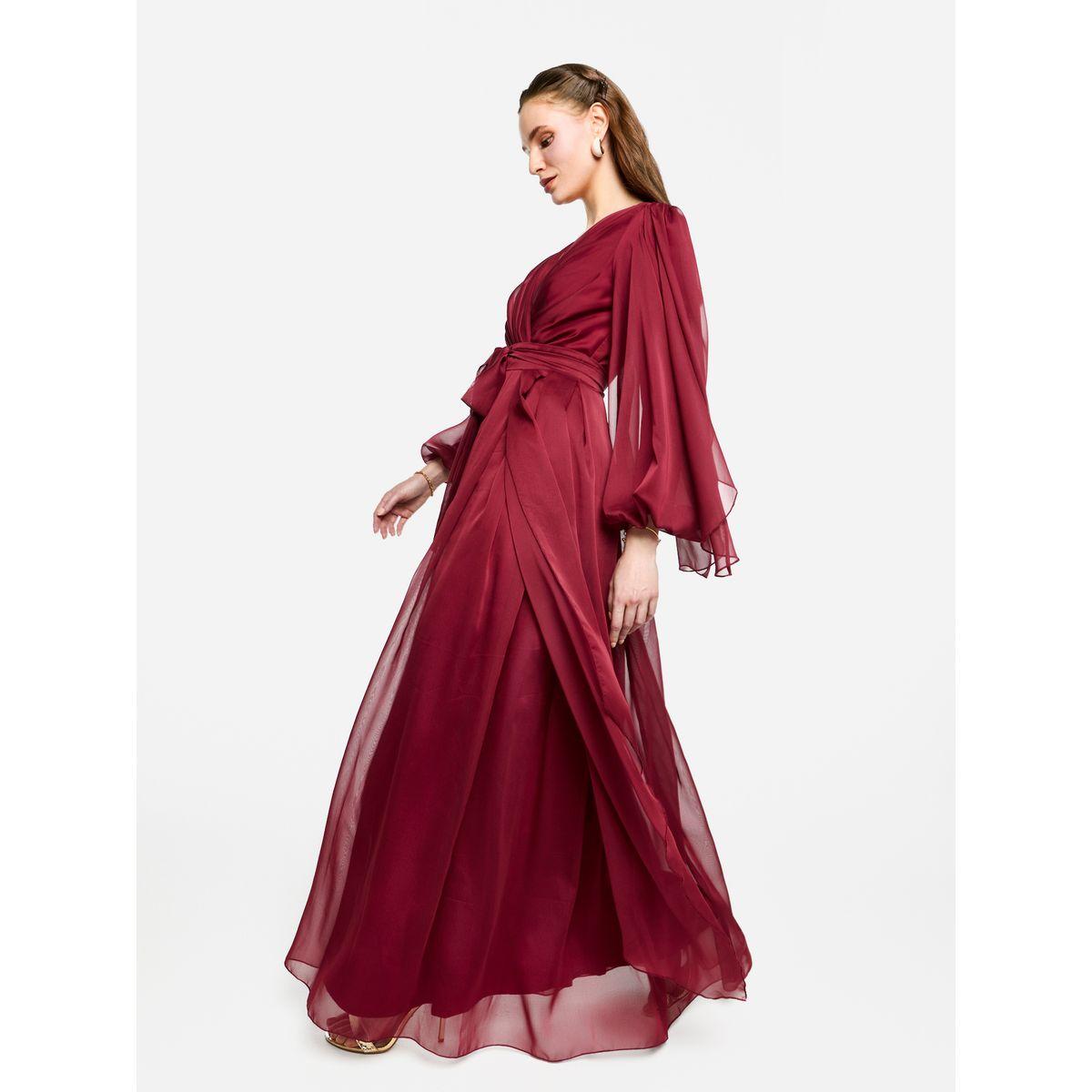 فستان طويل بتفاصيل كسرات وأكمام بالون-women-clothing-dresses-image-3