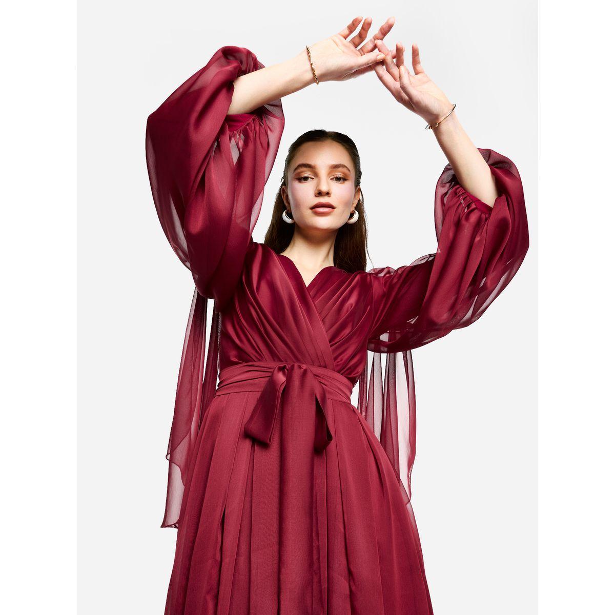 فستان طويل بتفاصيل كسرات وأكمام بالون-women-clothing-dresses-image-6