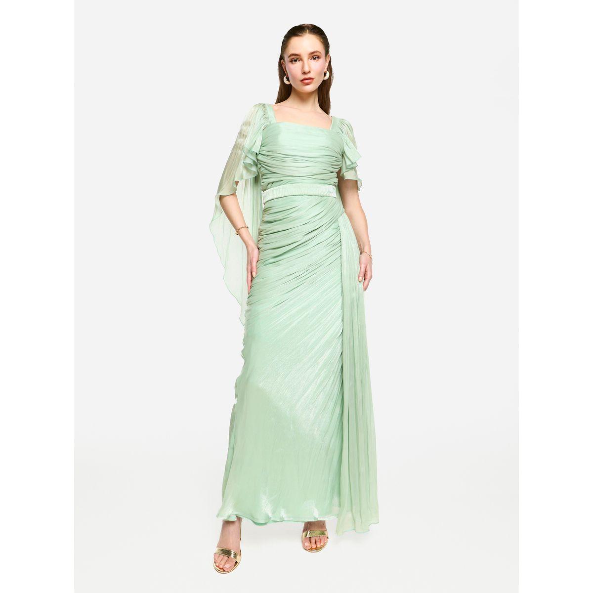 فستان طويل بتفاصيل كسرات مع أكمام بنمط كيب-women-clothing-dresses-image-1