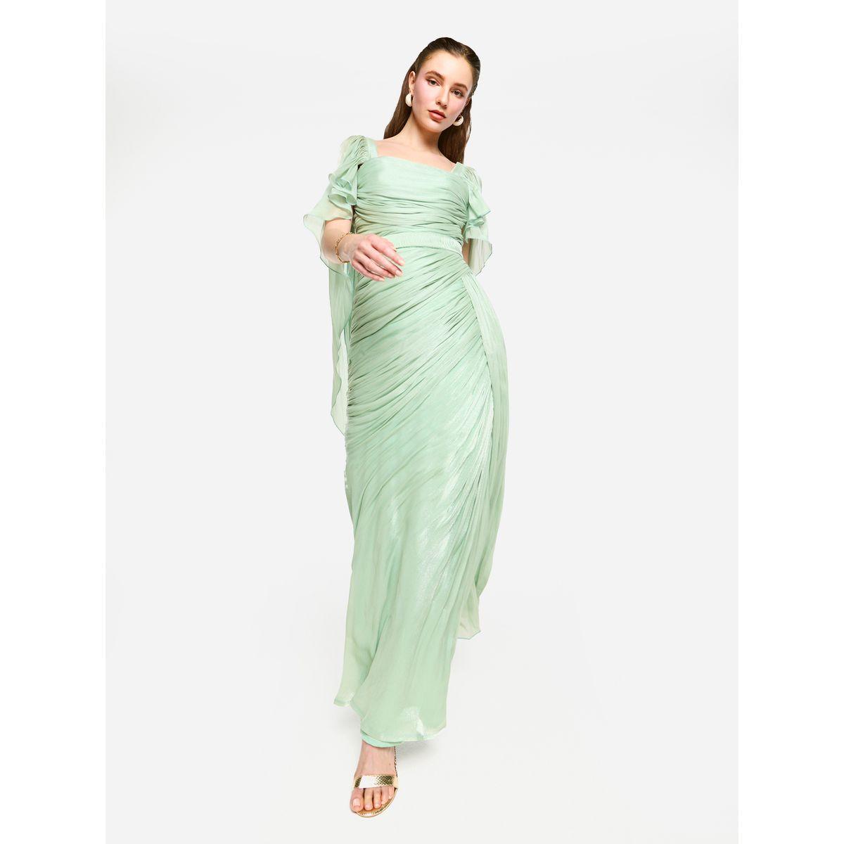 فستان طويل بتفاصيل كسرات مع أكمام بنمط كيب-women-clothing-dresses-image-2