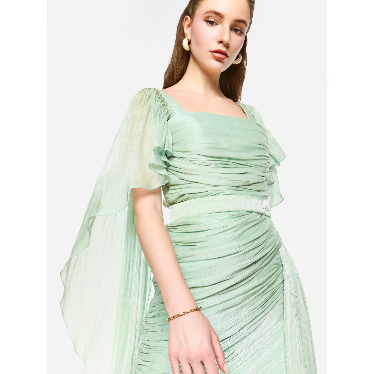 فستان طويل بتفاصيل كسرات مع أكمام بنمط كيب-women-clothing-dresses-image-5