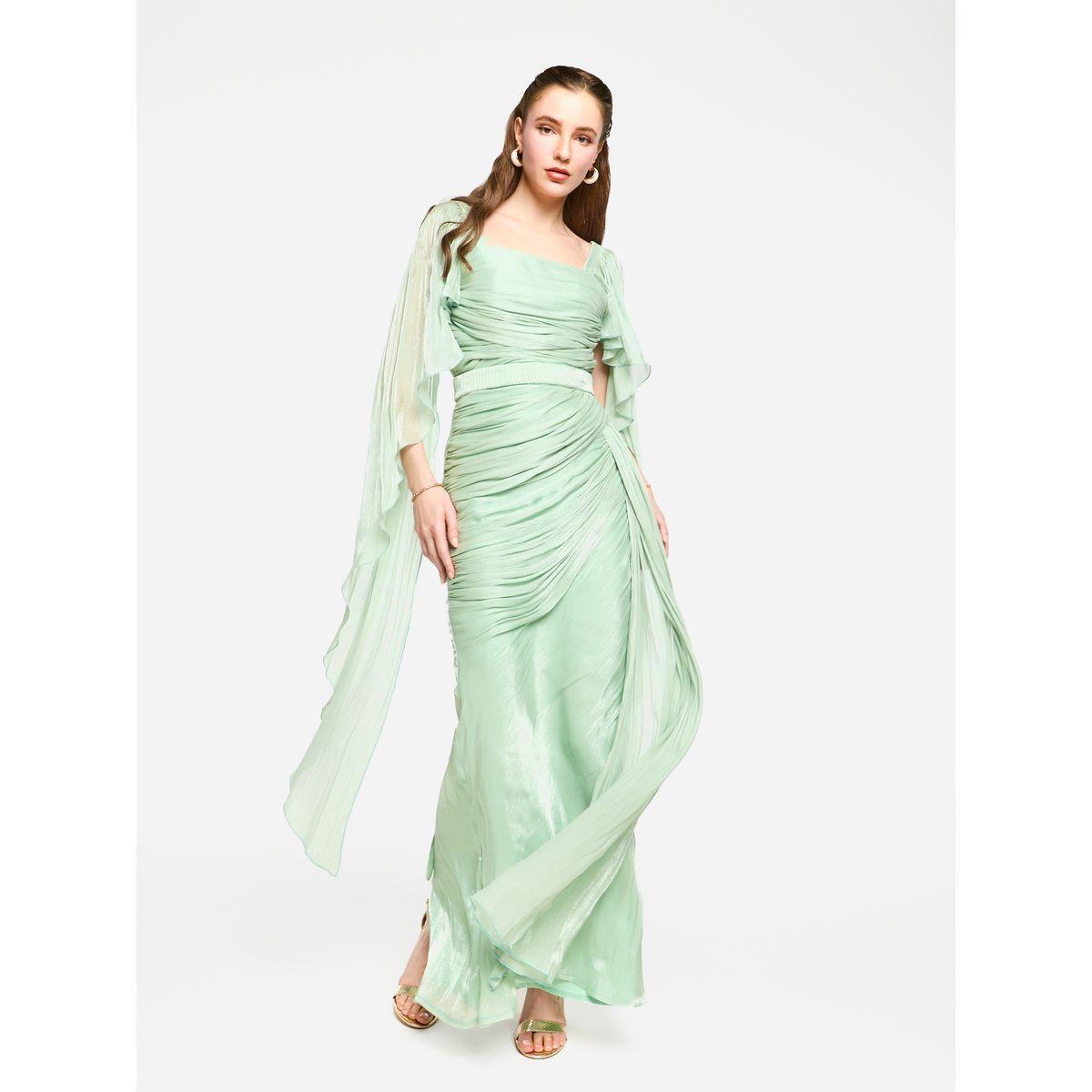 فستان طويل بتفاصيل كسرات مع أكمام بنمط كيب-women-clothing-dresses-image-9