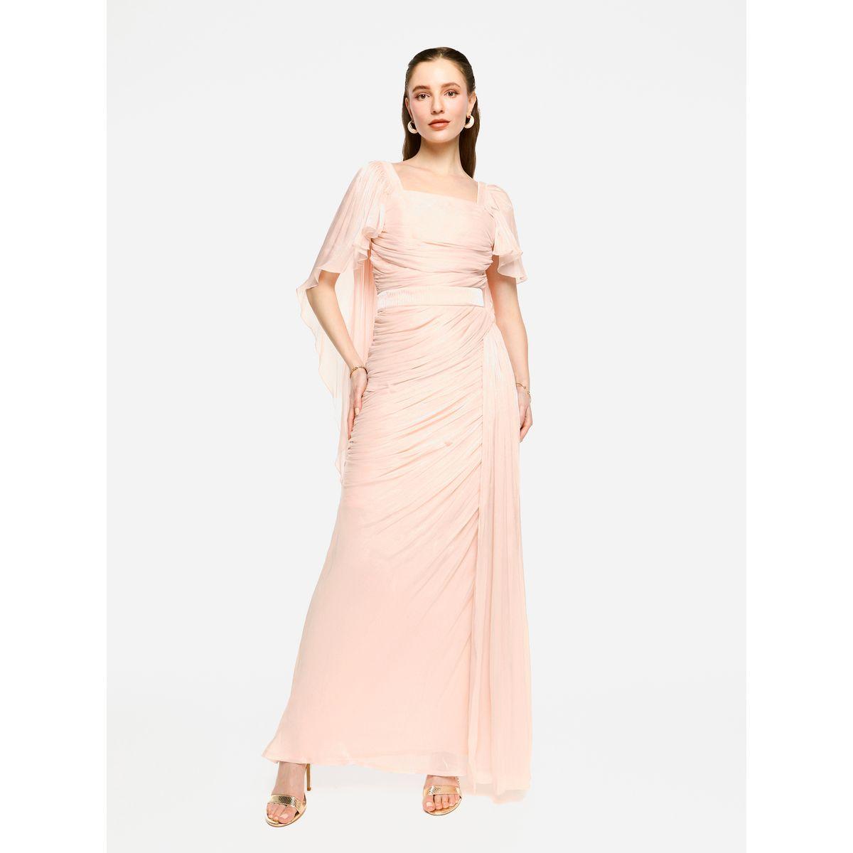 فستان طويل بتفاصيل كسرات مع أكمام بنمط كيب-women-clothing-dresses-image-1