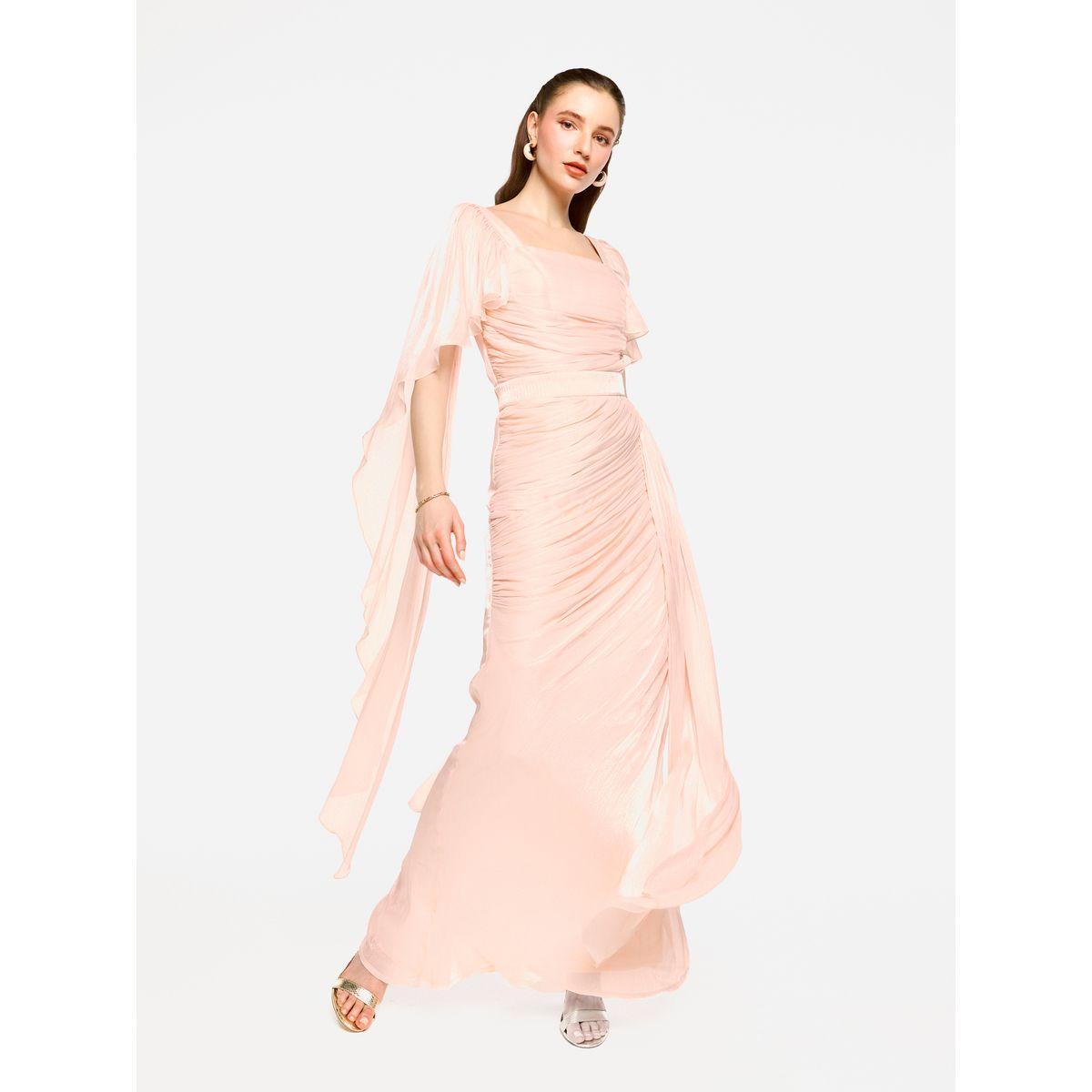 فستان طويل بتفاصيل كسرات مع أكمام بنمط كيب-women-clothing-dresses-image-2