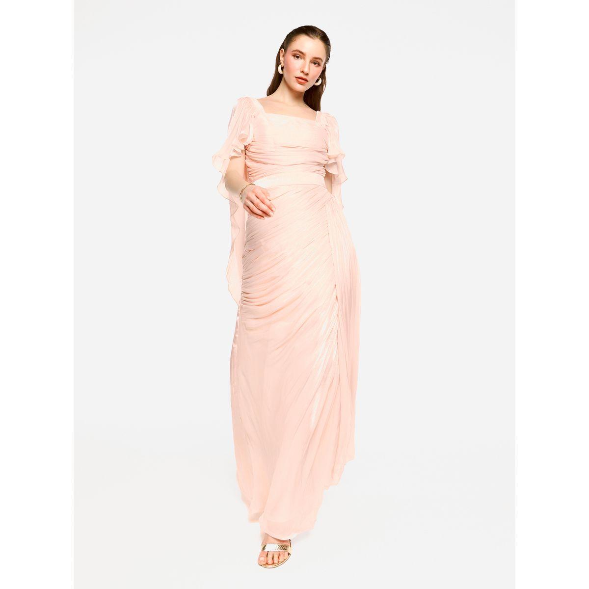 فستان طويل بتفاصيل كسرات مع أكمام بنمط كيب-women-clothing-dresses-image-3