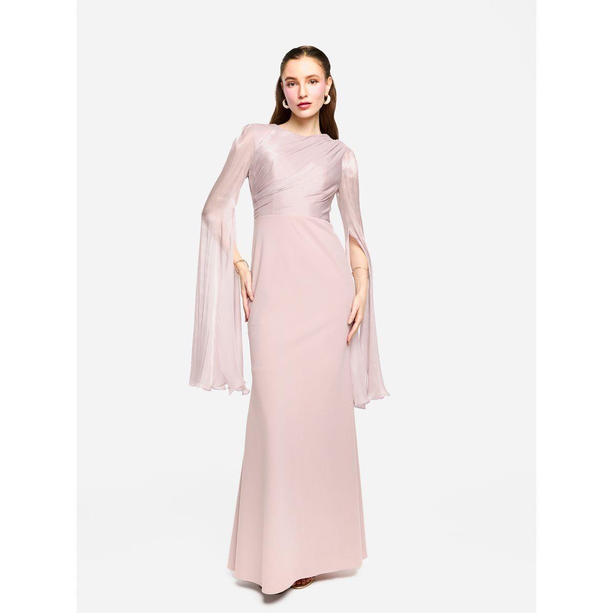 فستان طويل بأكمام اوجانزا بنمط كيب وتفاصيل كسرات-women-clothing-dresses-image-1