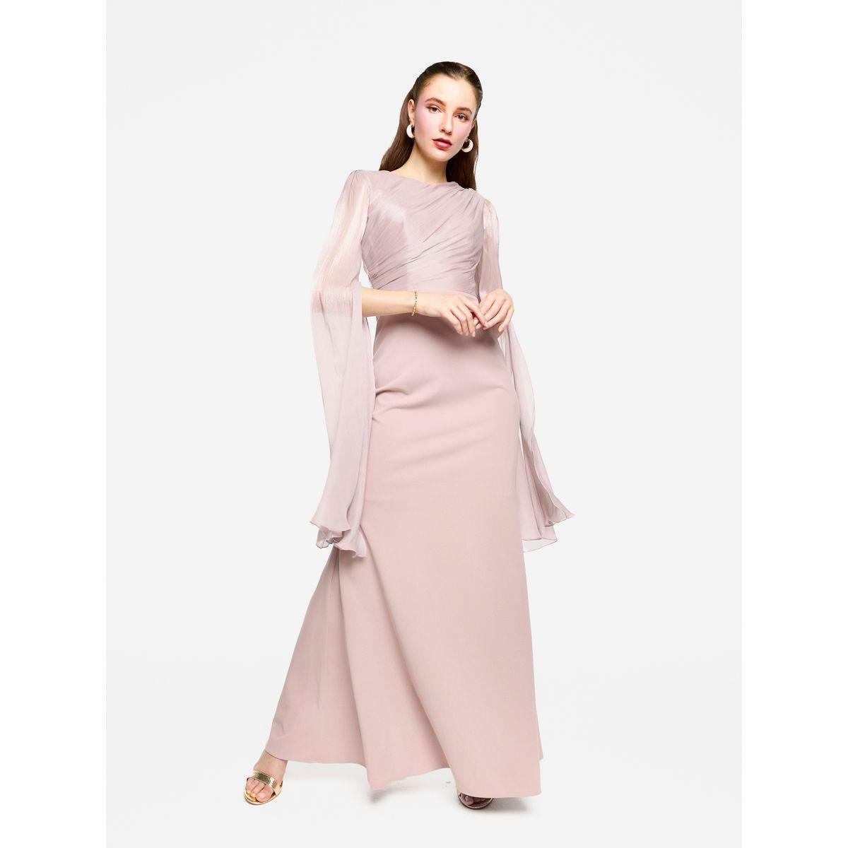 فستان طويل بأكمام اوجانزا بنمط كيب وتفاصيل كسرات-women-clothing-dresses-image-4