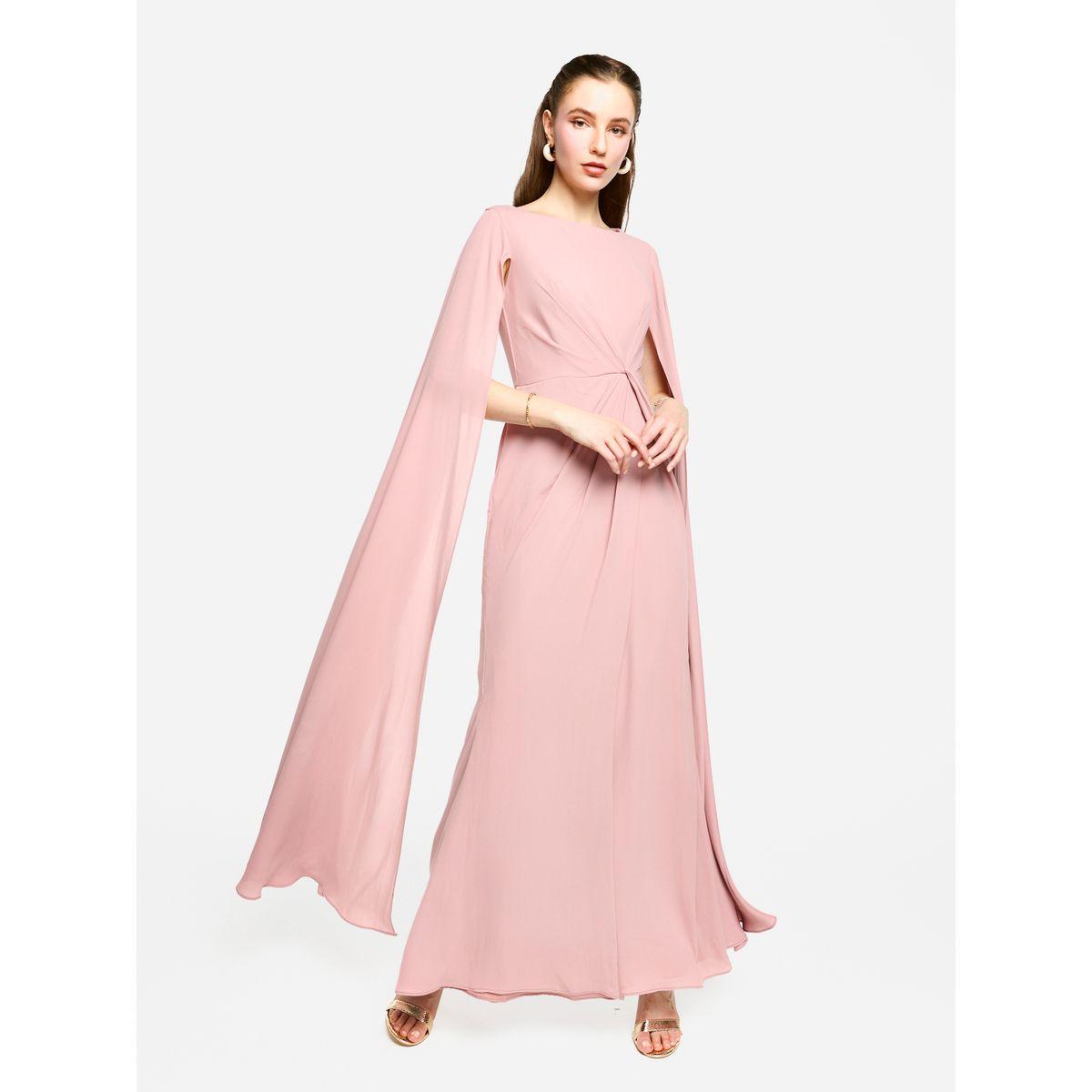 فستان طويل بأكمام بنمط كيب وتفاصيل مزمومة-women-clothing-dresses-image-2