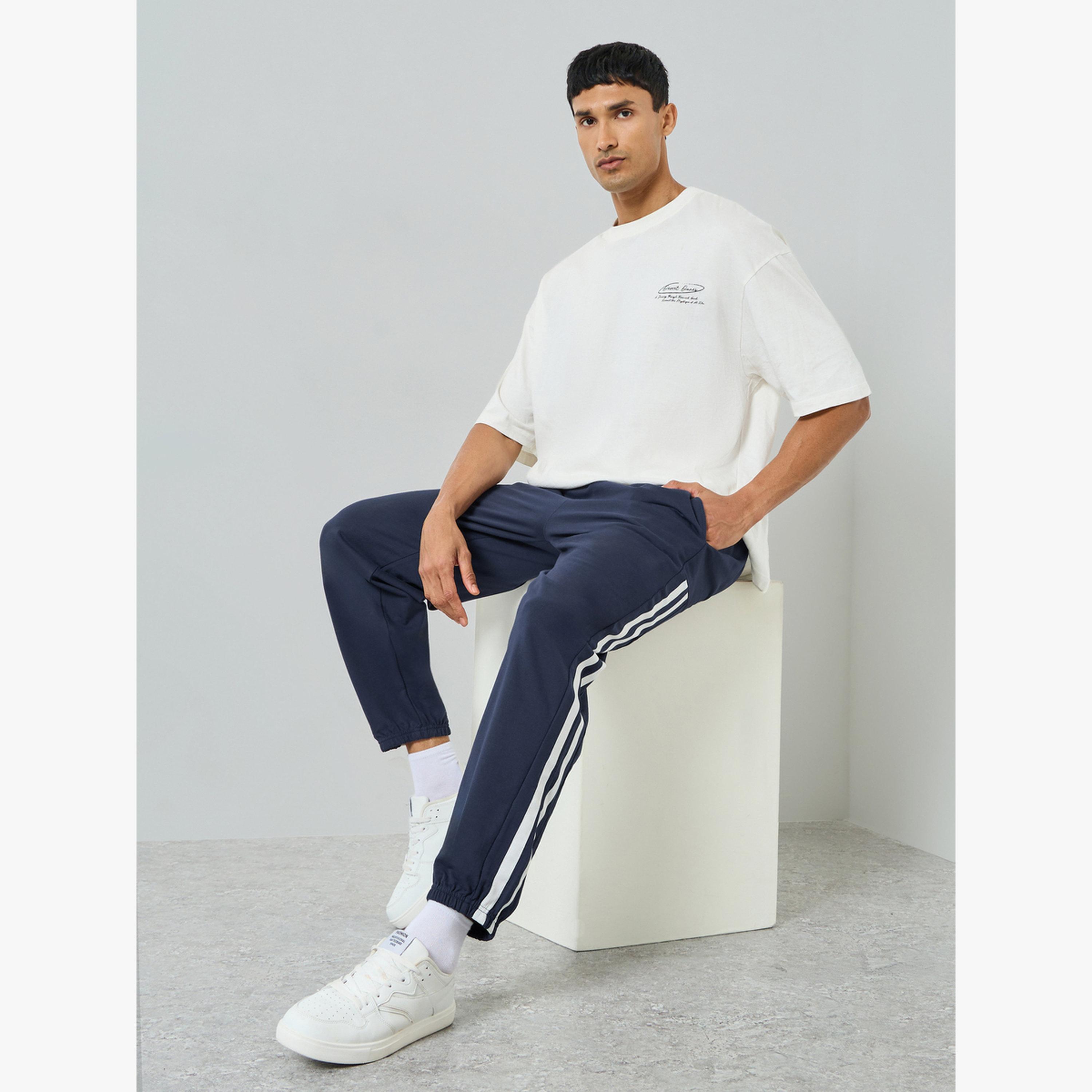 Styli Men Navy Blue Side Striped Panel Relaxed Fit Terry Joggers-men-clothing-bottoms-joggers-image-2